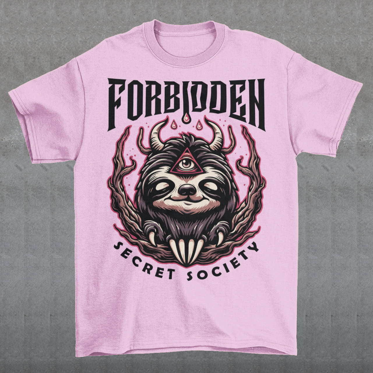 "Step into the enigmatic world of clandestine societies with our Forbidden Secret Society t-shirt featuring the elusive Illuminati sloth. This captivating design showcases a sloth adorned with symbolic imagery, including the all-seeing third eye, hinting at hidden knowledge and mystic insight. Embrace the intrigue and mystery as you don this unique tee, inviting curiosity and speculation wherever you go.