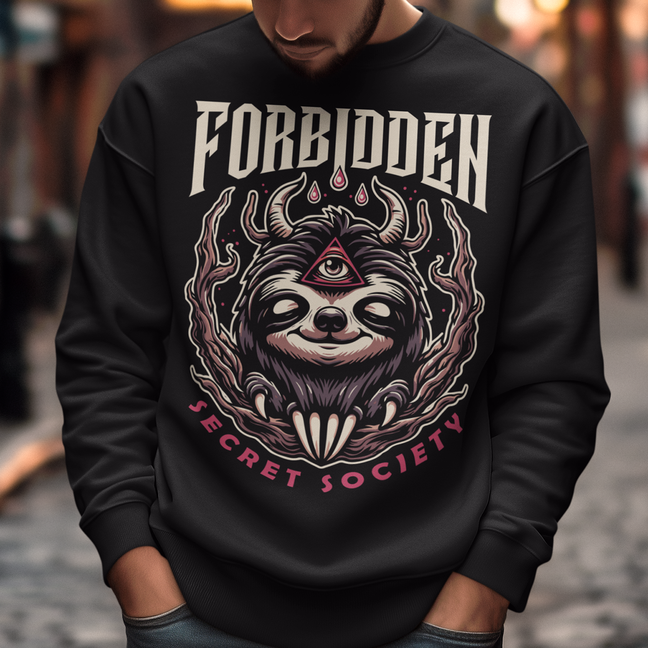 "Step into the enigmatic world of clandestine societies with our Forbidden Secret Society sweatshirt featuring the elusive Illuminati sloth. This captivating design showcases a sloth adorned with symbolic imagery, including the all-seeing third eye, hinting at hidden knowledge and mystic insight. Embrace the intrigue and mystery as you don this unique sweatshirt, inviting curiosity and speculation wherever you go.