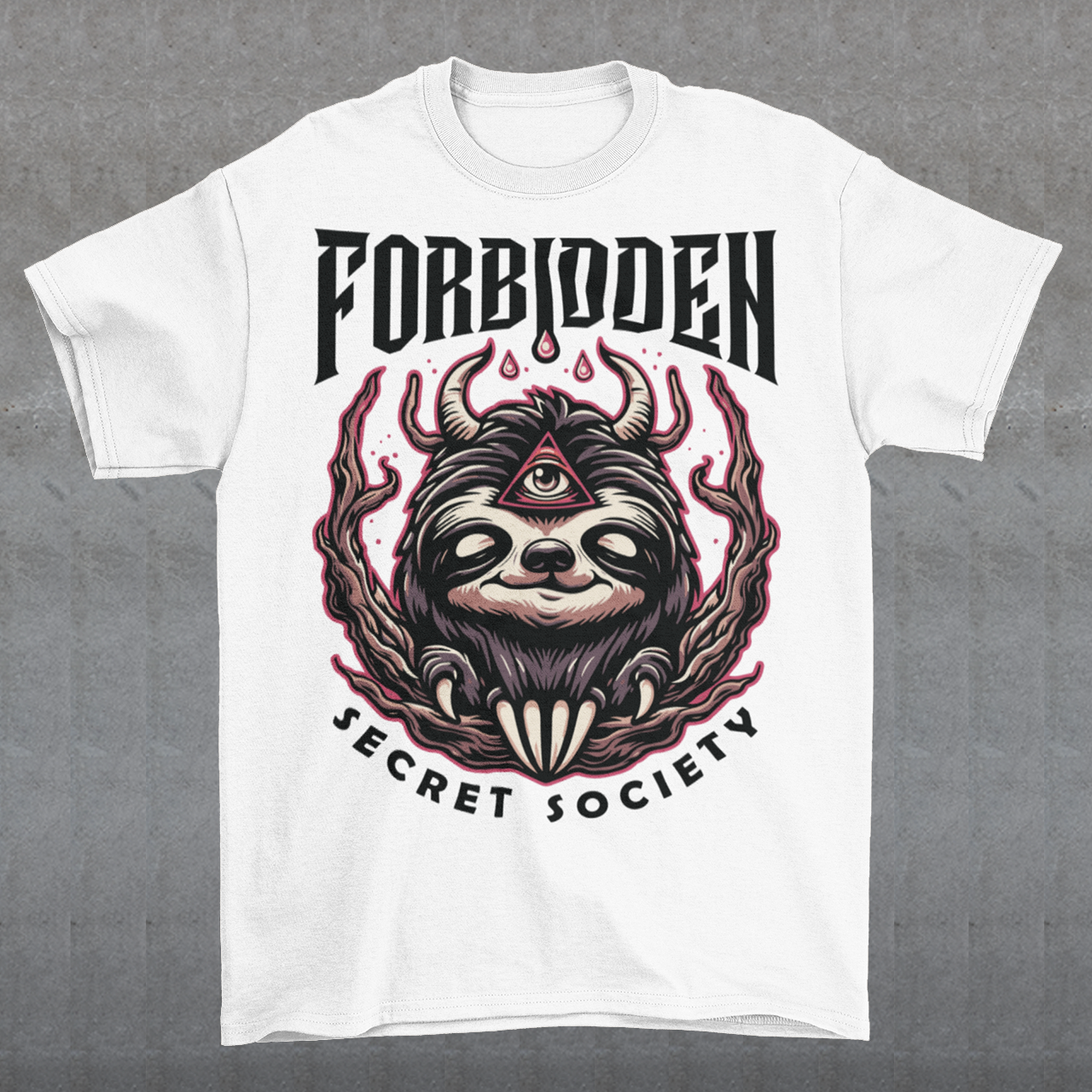 "Step into the enigmatic world of clandestine societies with our Forbidden Secret Society t-shirt featuring the elusive Illuminati sloth. This captivating design showcases a sloth adorned with symbolic imagery, including the all-seeing third eye, hinting at hidden knowledge and mystic insight. Embrace the intrigue and mystery as you don this unique tee, inviting curiosity and speculation wherever you go.
