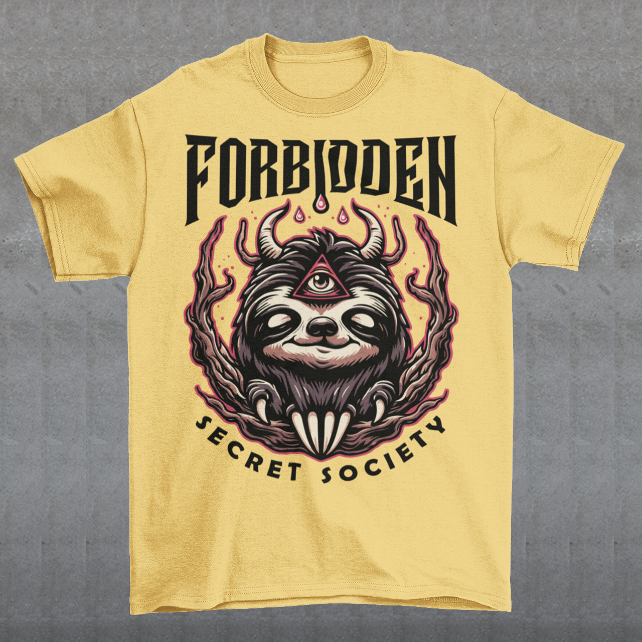 "Step into the enigmatic world of clandestine societies with our Forbidden Secret Society t-shirt featuring the elusive Illuminati sloth. This captivating design showcases a sloth adorned with symbolic imagery, including the all-seeing third eye, hinting at hidden knowledge and mystic insight. Embrace the intrigue and mystery as you don this unique tee, inviting curiosity and speculation wherever you go.