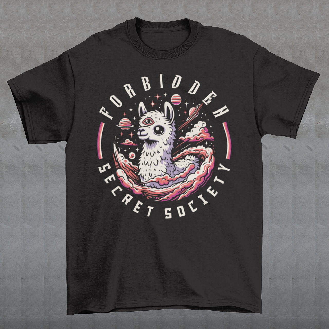 "Step into the enigmatic world of clandestine societies with our Forbidden Secret Society t-shirt featuring the elusive Illuminati Llama. This captivating design showcases a llama adorned with symbolic imagery, including the all-seeing third eye, hinting at hidden knowledge and mystic insight. Embrace the intrigue and mystery as you don this unique t-shirt, inviting curiosity and speculation wherever you go.