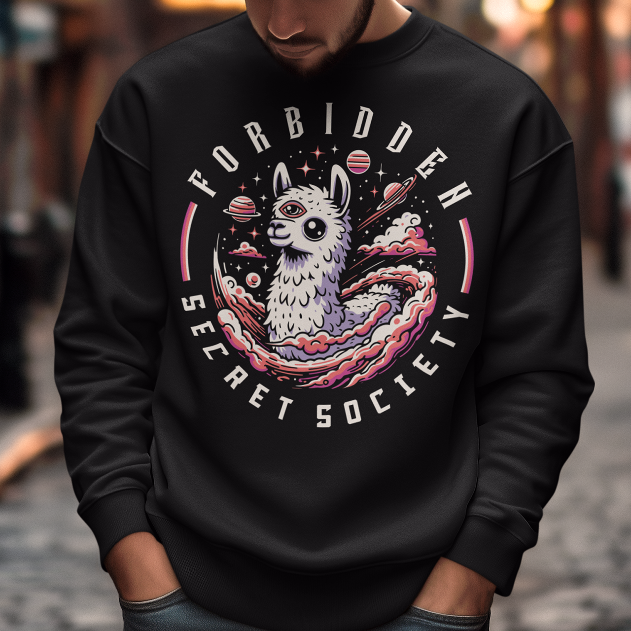 "Step into the enigmatic world of clandestine societies with our Forbidden Secret Society sweatshirt featuring the elusive Illuminati Llama. This captivating design showcases a llama adorned with symbolic imagery, including the all-seeing third eye, hinting at hidden knowledge and mystic insight. Embrace the intrigue and mystery as you don this unique sweatshirt, inviting curiosity and speculation wherever you go.