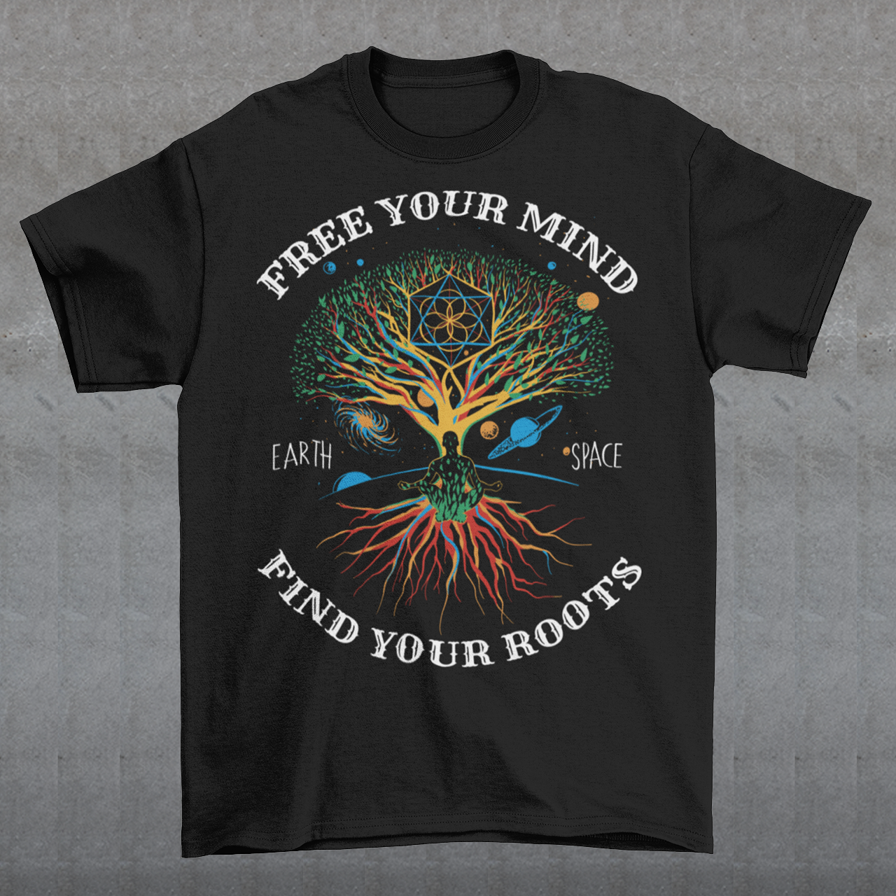 The Tree of Life is a powerful symbol of growth, interconnectedness, and strength, representing the roots of our existence and the interconnectedness of all living things. The image is rendered in a vibrant, eye-catching style that is sure to draw attention and spark conversations. The accompanying text reads "FREE YOUR MIND FIND YOUR ROOTS", conveying a powerful message of self-discovery and the importance of connecting with one's inner self.