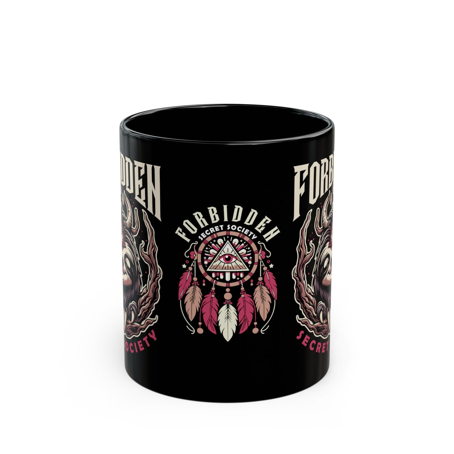 Black mug of an Illuminati sloth with a third eye with text FORBIDDEN SECRET SOCIETY.