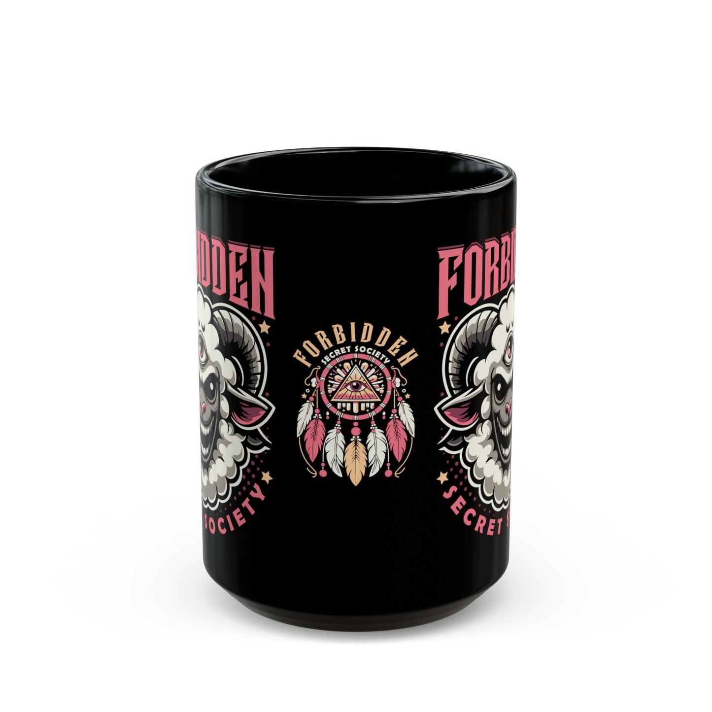 Black mug of an Illuminati sheep with a third eye with text FORBIDDEN SECRET SOCIETY.