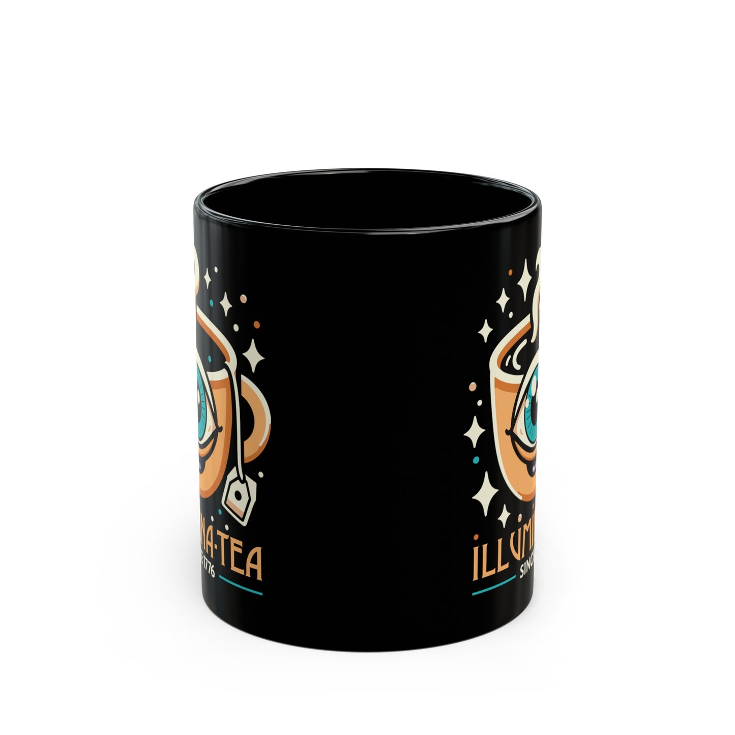 Black mug of an Illuminati cup with text Illumina-Tea