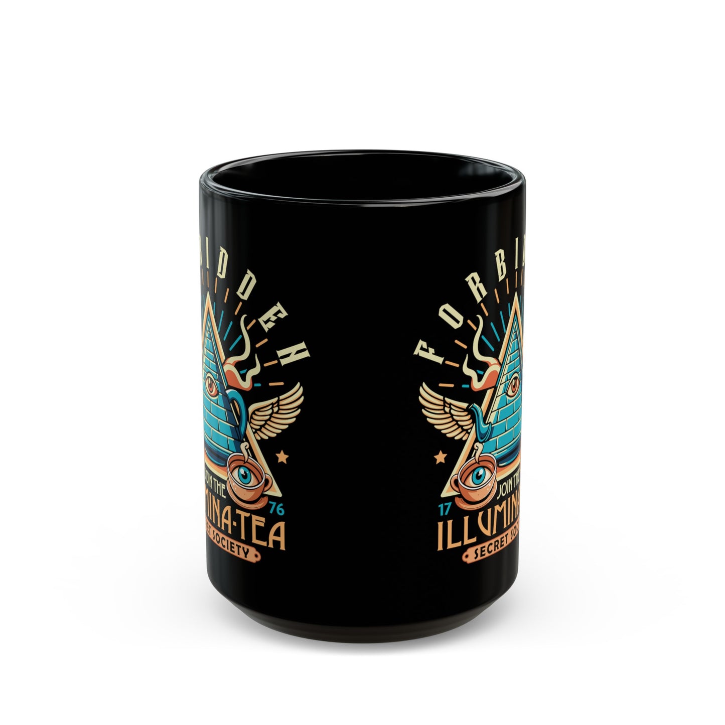 Black mug of an Illuminati tea pot and cups with text ILLUMINA-TEA.