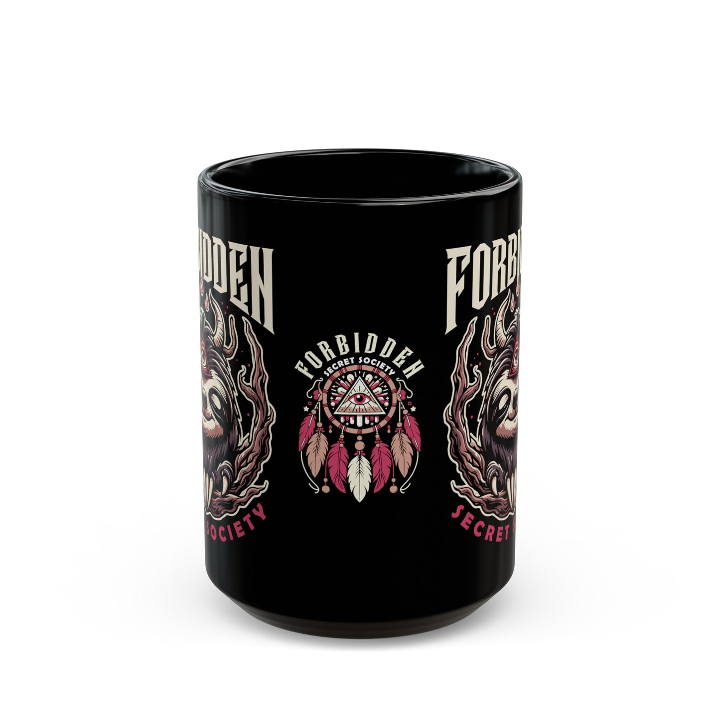 Black mug of an Illuminati sloth with a third eye with text FORBIDDEN SECRET SOCIETY.