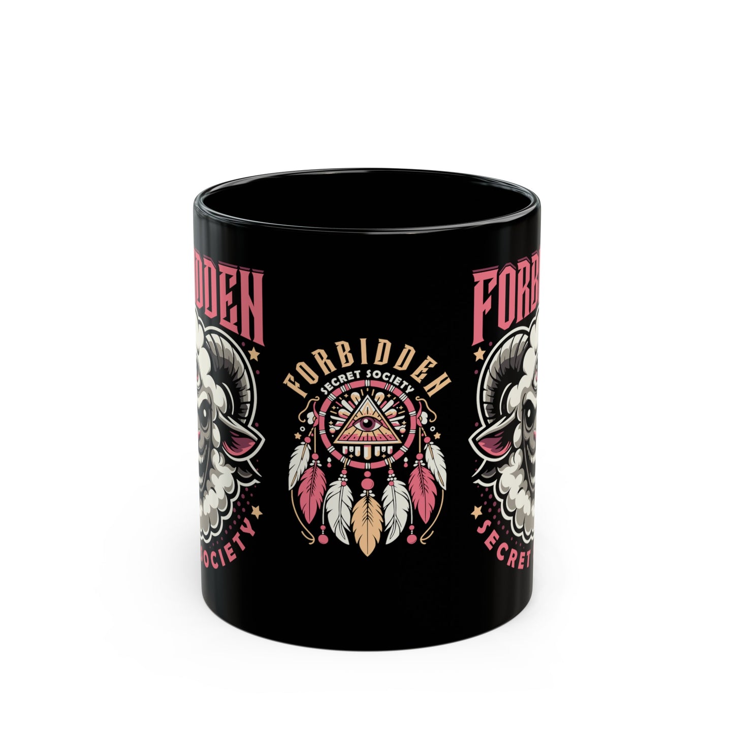 Black mug of an Illuminati sheep with a third eye with text FORBIDDEN SECRET SOCIETY.