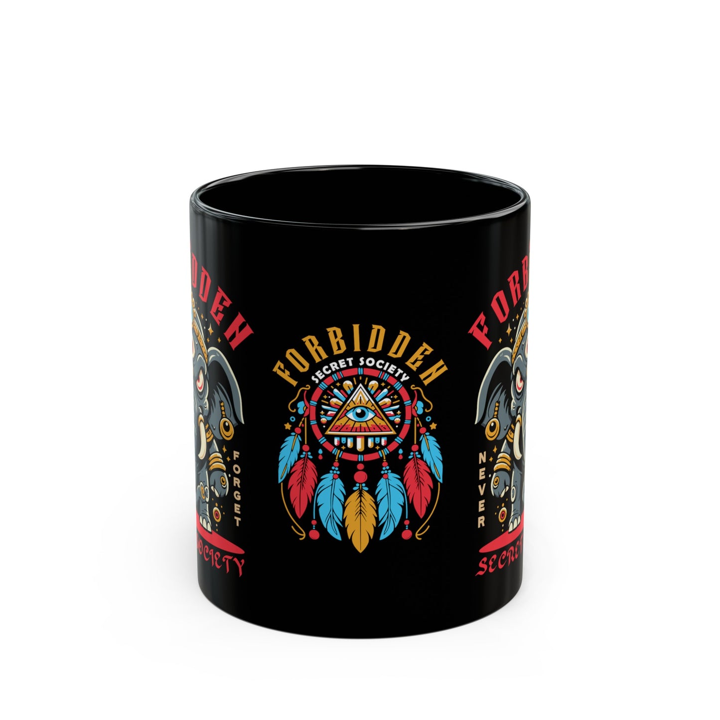 Black mug of an Illuminati elephant with a third eye with text FORBIDDEN SECRET SOCIETY.