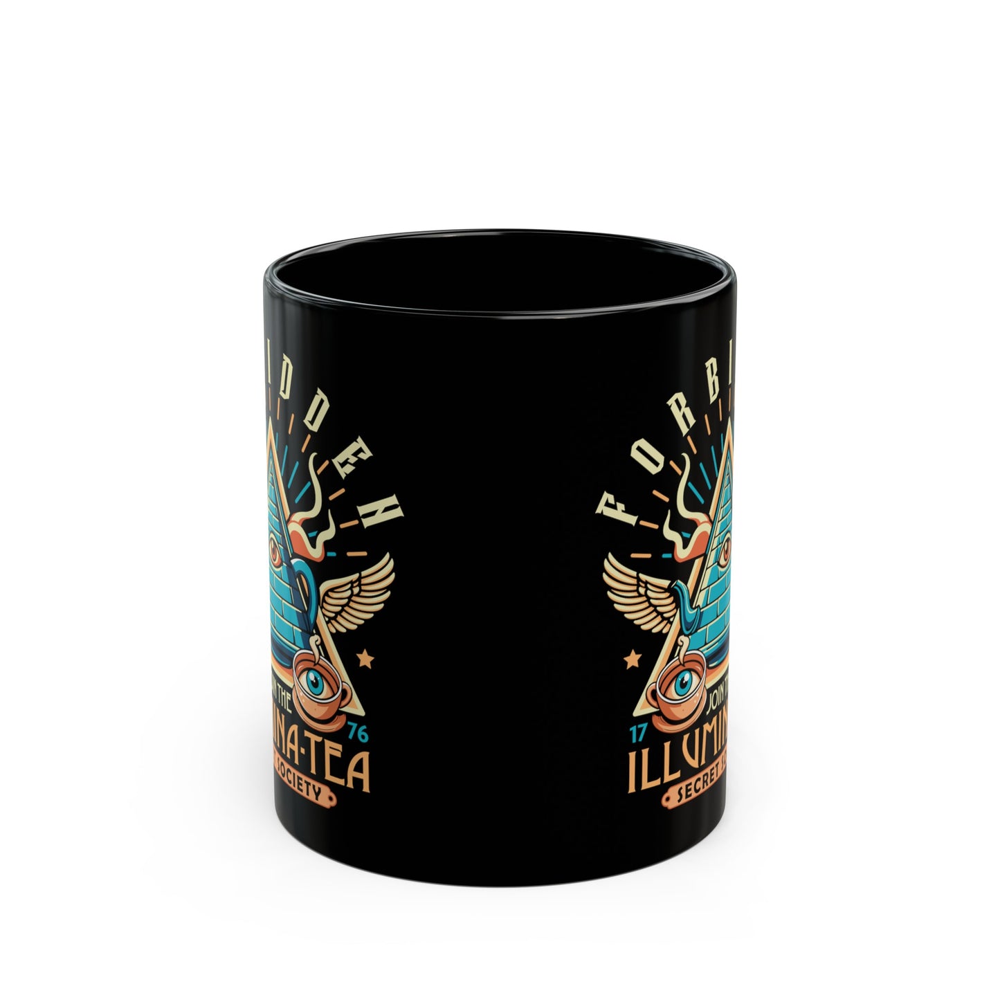 Black mug of an Illuminati tea pot and cups with text ILLUMINA-TEA.