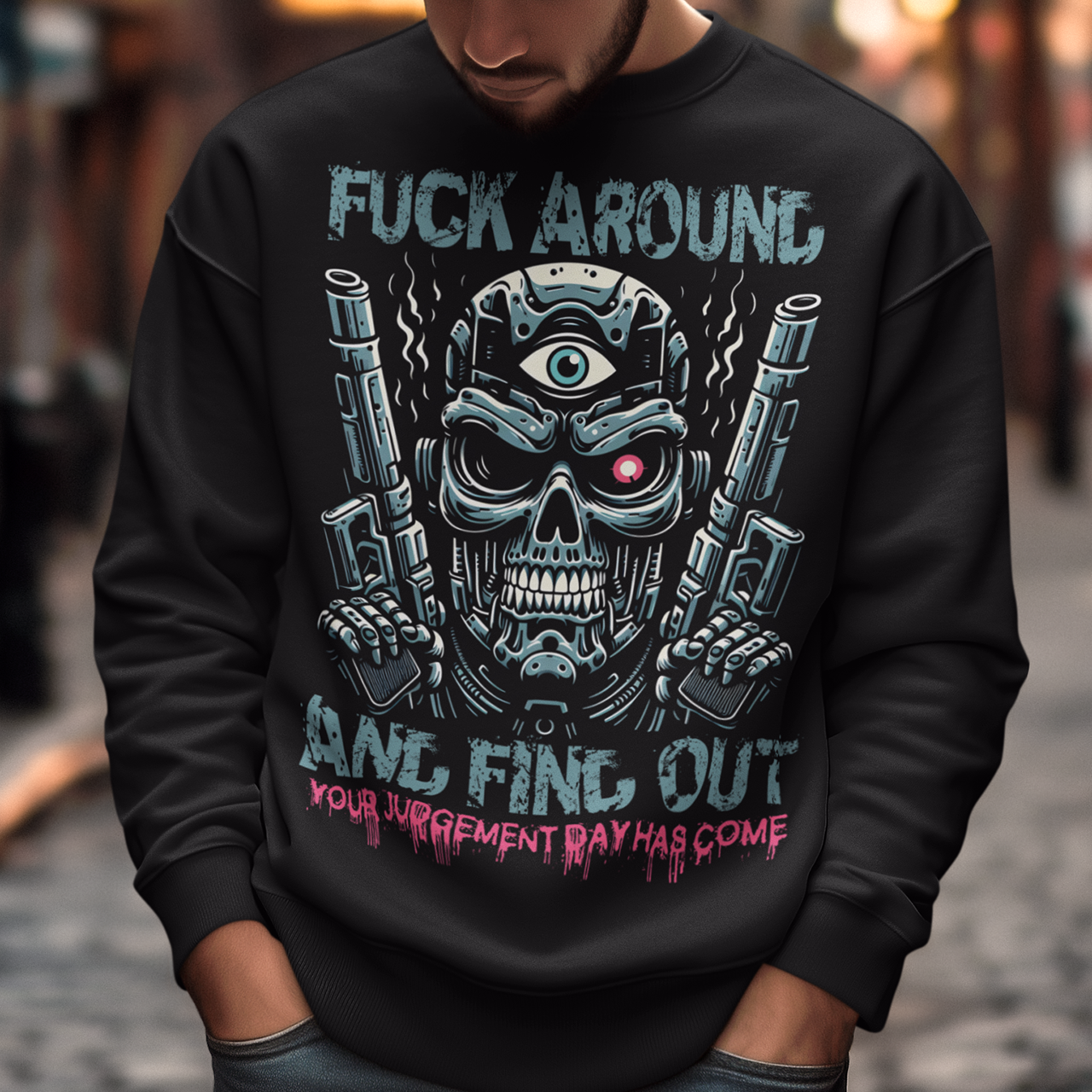 Introducing our bold new sweatshirt design featuring a fearsome cyborg terminator with a twist. This striking graphic showcases a futuristic cyborg, complete with metallic limbs and glowing red eye, but with an added edge—a third eye glowing ominously in the center of its forehead. The vivid artwork captures the raw power and intimidation of this enhanced warrior, ready to take on any challenge. The bold text "FUCK AROUND AND FIND OUT" adds a rebellious and daring statement.