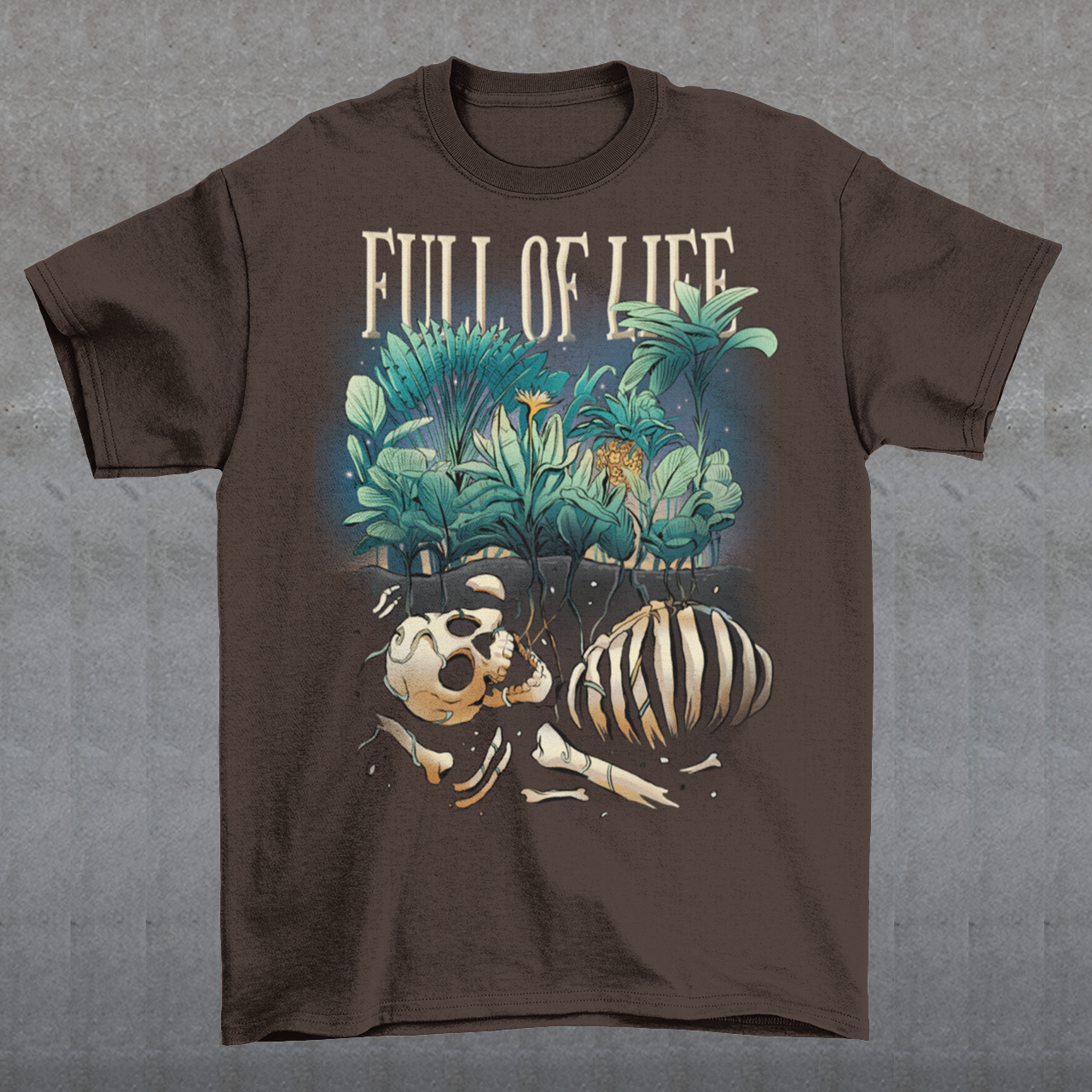 Introducing our captivating "Full of Life" T-shirt, where the beauty of nature intertwines with a touch of mystery. This unique design features a stunning depiction of lush plants flourishing over a buried skeleton, creating a striking visual contrast. The intricate artwork showcases the circle of life and the resilience of nature as it reclaims what was once lost. The vibrant green foliage and delicate flowers symbolize growth, renewal, and the everlasting cycle of existence.