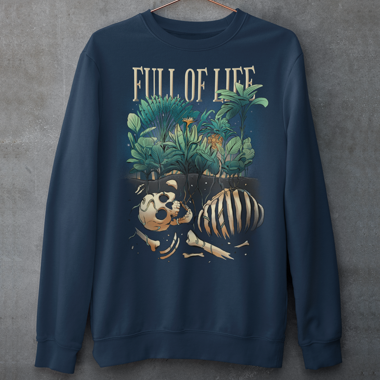 Introducing our captivating "Full of Life" Sweatshirt, where the beauty of nature intertwines with a touch of mystery. This unique design features a stunning depiction of lush plants flourishing over a buried skeleton, creating a striking visual contrast. The intricate artwork showcases the circle of life and the resilience of nature as it reclaims what was once lost. The vibrant green foliage and delicate flowers symbolize growth, renewal, and the everlasting cycle of existence.