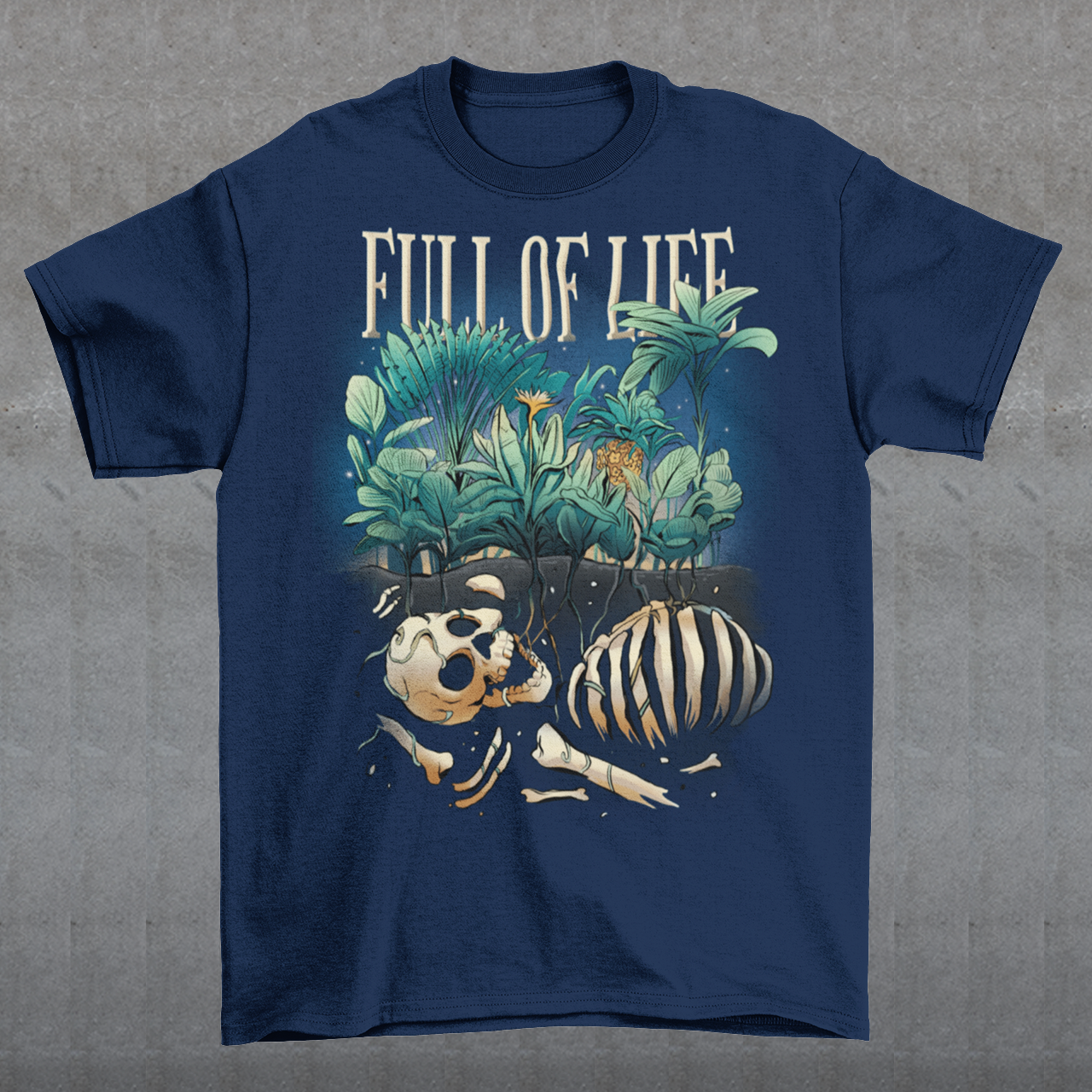 Introducing our captivating "Full of Life" T-shirt, where the beauty of nature intertwines with a touch of mystery. This unique design features a stunning depiction of lush plants flourishing over a buried skeleton, creating a striking visual contrast. The intricate artwork showcases the circle of life and the resilience of nature as it reclaims what was once lost. The vibrant green foliage and delicate flowers symbolize growth, renewal, and the everlasting cycle of existence.