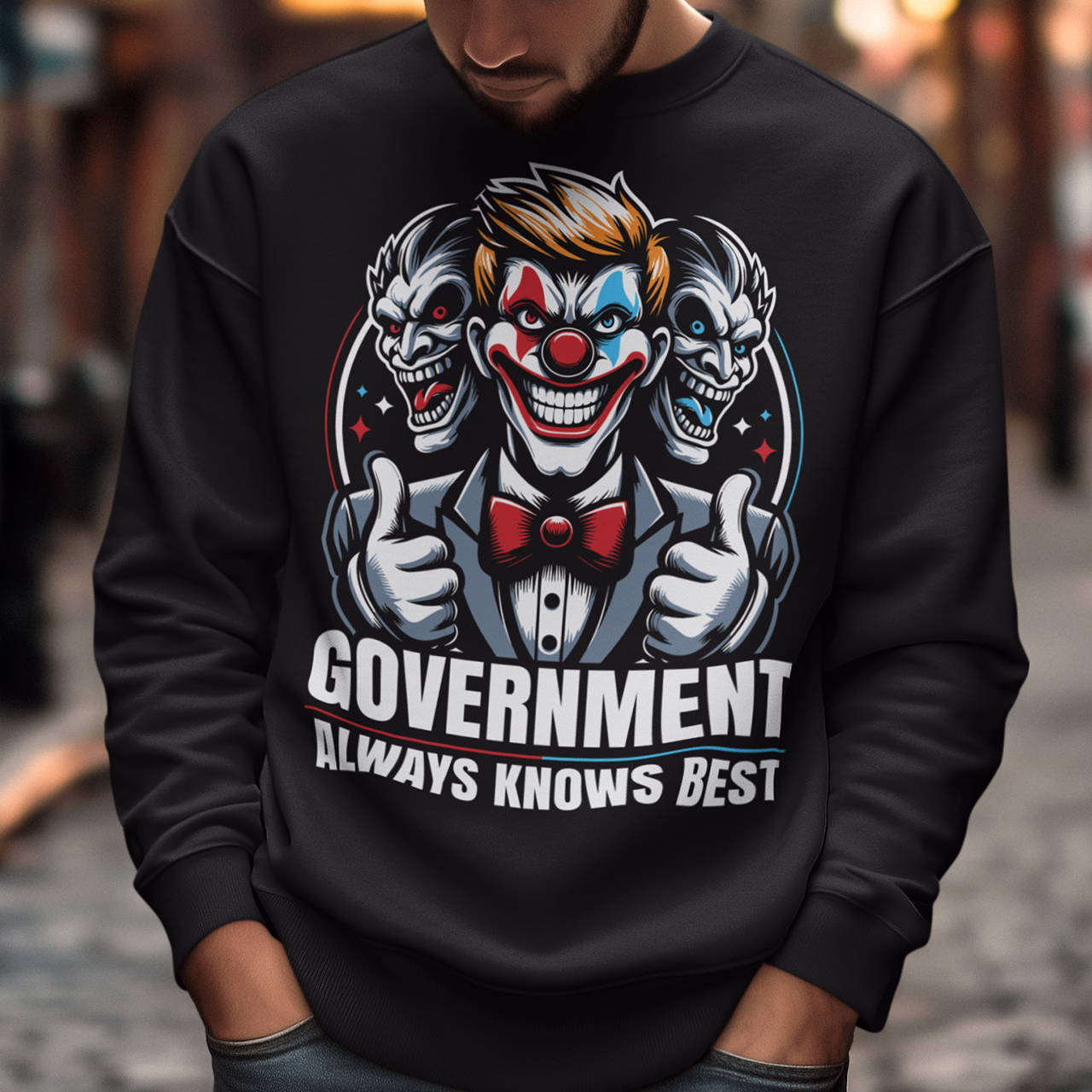 Introducing our Government Clown Sweatshirt, a satirical statement piece that's sure to turn heads and spark conversations. Featuring a whimsical depiction of a clown with bureaucratic attire and a comically oversized tie, this design captures the essence of government inefficiency with a touch of humor.