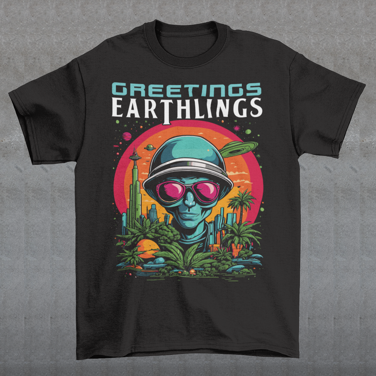 Embrace extraterrestrial style with our captivating t-shirt featuring a quirky alien extending intergalactic salutations with the message, "GREETINGS EARTHLINGS." This whimsical design showcases a friendly extraterrestrial being, adding an otherworldly charm to your wardrobe. The vibrant and detailed illustration captures the essence of cosmic curiosity, making it a perfect choice for those who appreciate a touch of the unknown.