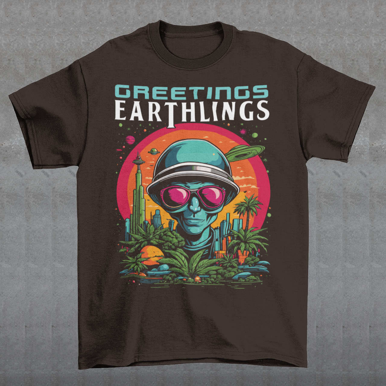 Embrace extraterrestrial style with our captivating t-shirt featuring a quirky alien extending intergalactic salutations with the message, "GREETINGS EARTHLINGS." This whimsical design showcases a friendly extraterrestrial being, adding an otherworldly charm to your wardrobe. The vibrant and detailed illustration captures the essence of cosmic curiosity, making it a perfect choice for those who appreciate a touch of the unknown.