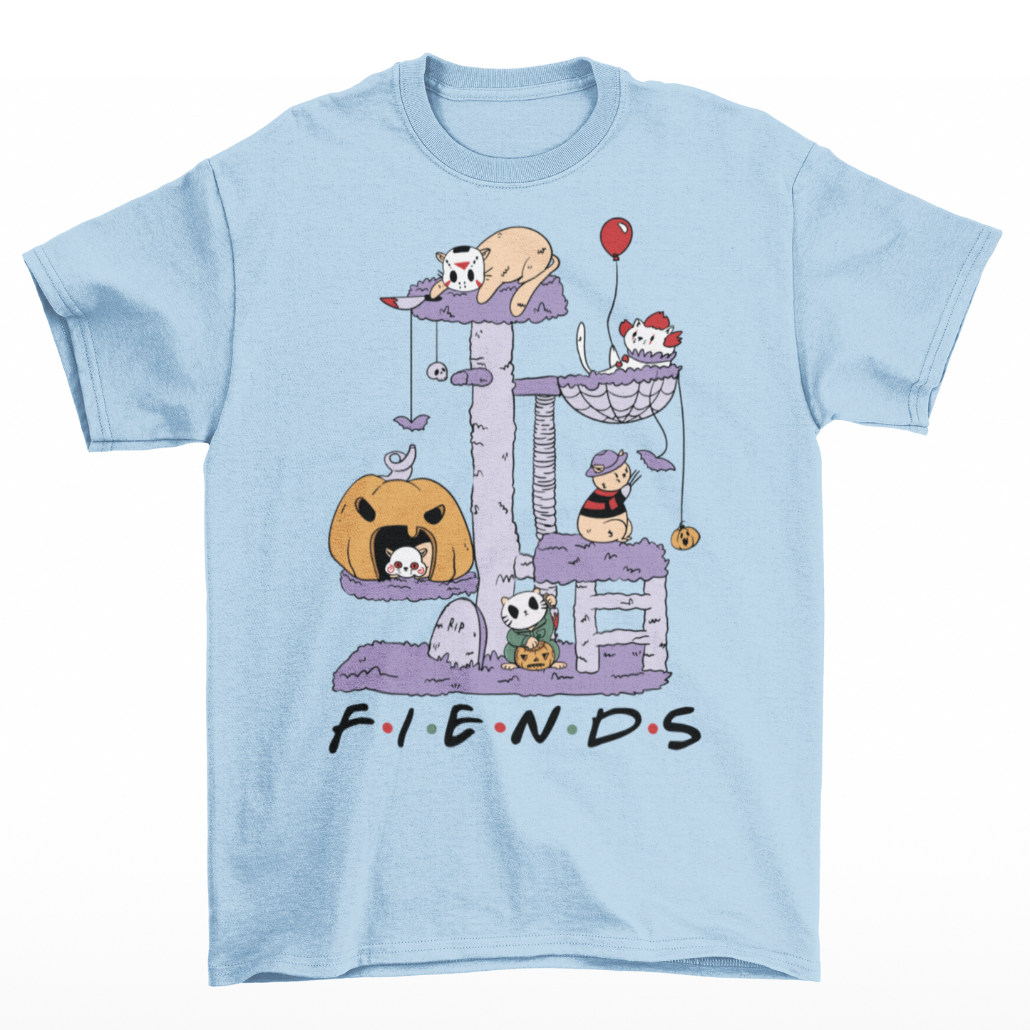Light blue halloween t-shirt of horror cat characters on a cat tree with text "FIENDS".