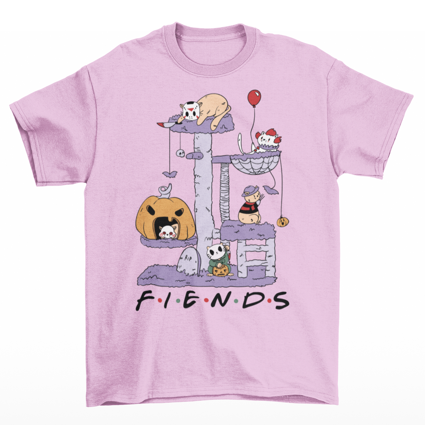 Pink halloween t-shirt of horror cat characters on a cat tree with text "FIENDS".