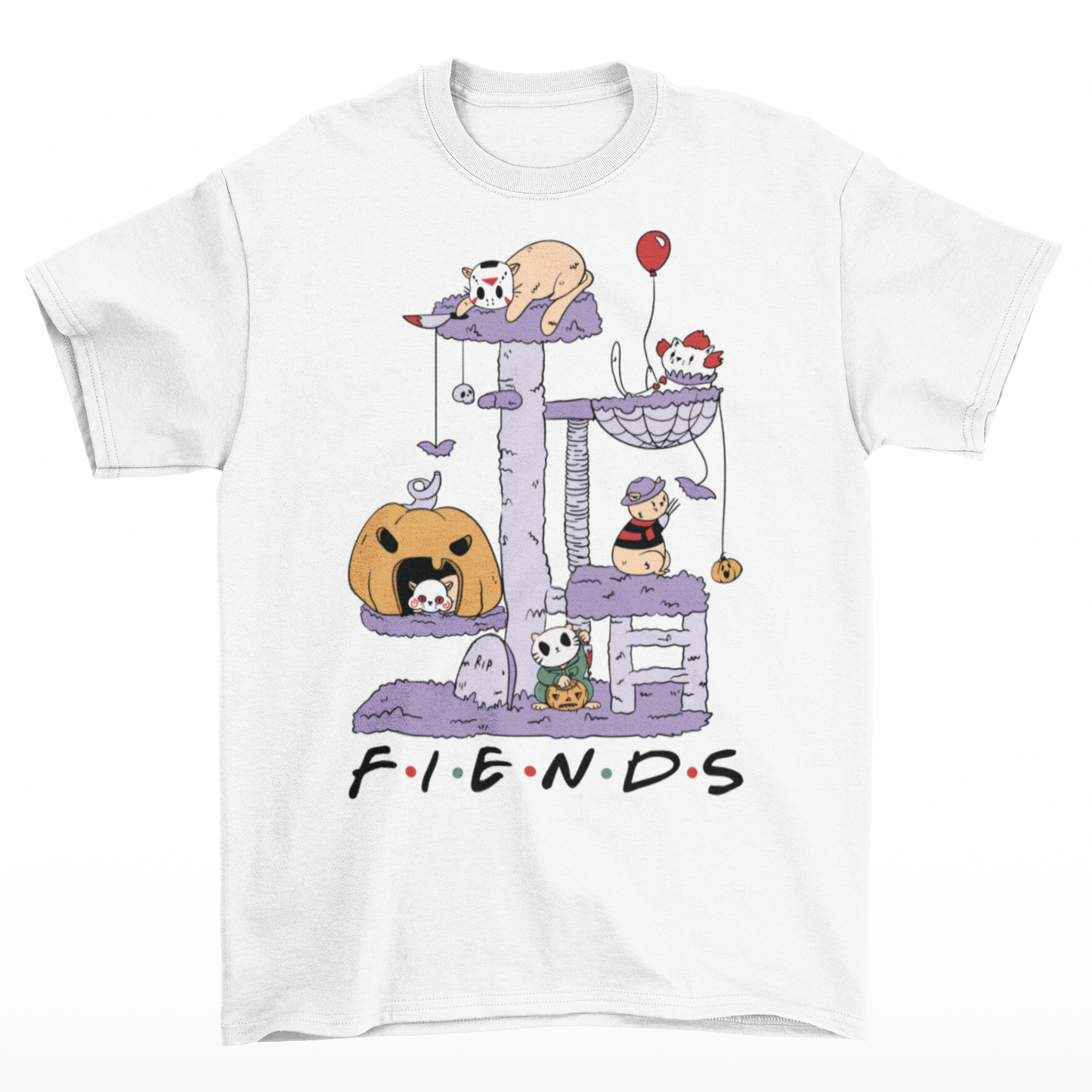 White halloween t-shirt of horror cat characters on a cat tree with text "FIENDS".