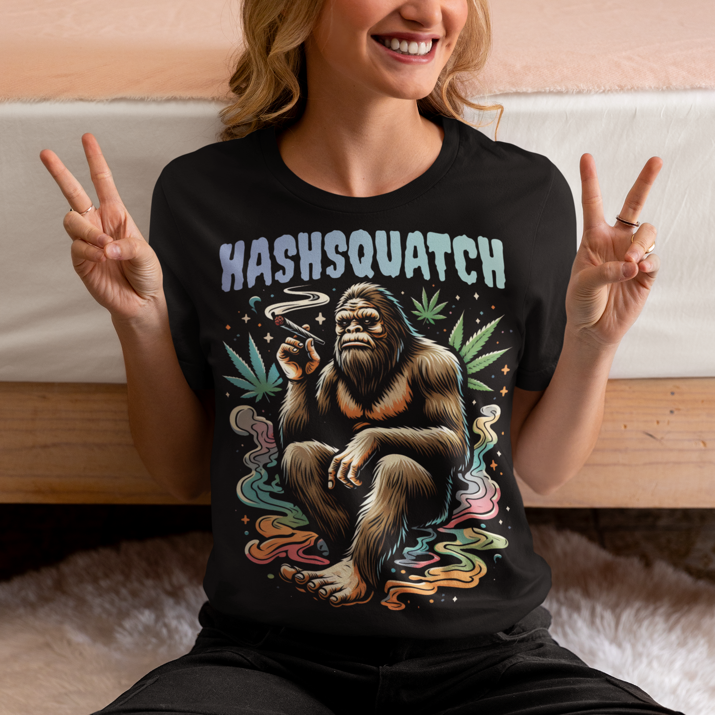 Unleash your inner legend with our exclusive "HASHSQUATCH" shirt! This eye-catching design features the elusive Sasquatch, chilling and lighting up a joint amidst the tranquility of the forest. The mythical creature, rendered in vibrant, detailed artwork, exudes a laid-back vibe that's perfect for anyone who appreciates a good toke and a good tale. Above the image, the bold and playful text "HASHSQUATCH" crowns the design, blending humor and myth into a single, unforgettable statement piece