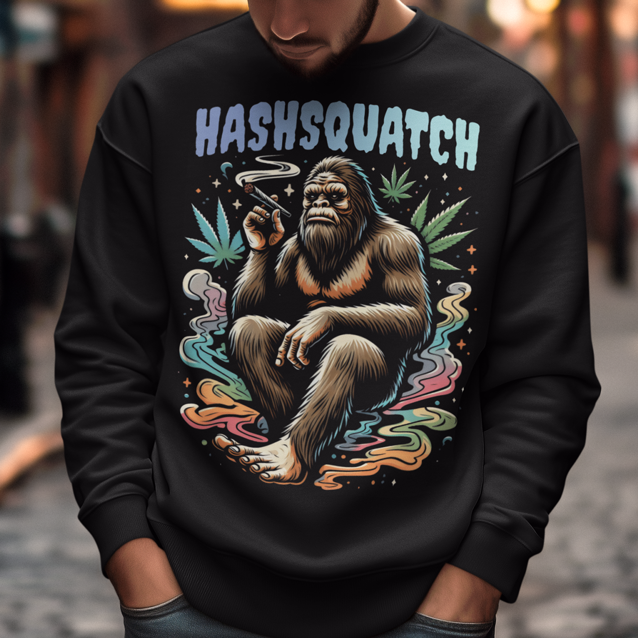 Unleash your inner legend with our exclusive "HASHSQUATCH" Sweatshirt! This eye-catching design features the elusive Sasquatch, chilling and lighting up a joint amidst the tranquility of the forest. The mythical creature, rendered in vibrant, detailed artwork, exudes a laid-back vibe that's perfect for anyone who appreciates a good toke and a good tale. Above the captivating image, the bold and playful text "HASHSQUATCH" crowns the design, blending humor and myth into a single, unforgettable statement piece