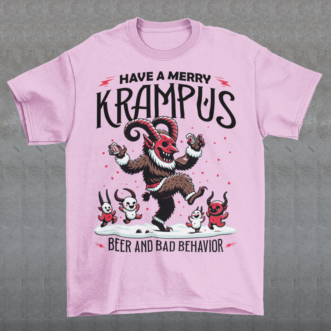The T-shirt design features Krampus in a festive yet mischievous scene, decked out in holiday cheer. Krampus, the legendary Christmas creature, is depicted dancing with a mischievous grin, holding a beer and surrounded by a few playful imps. Above the scene, bold black lettering reads, "HAVE A MERRY KRAMPUS," with a mix of gothic and playful fonts, giving it a fun yet eerie holiday vibe.