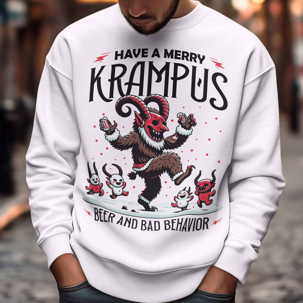 White sweatshirt of Krampus partying at Christmas and text "HAVE A MERRY KRAMPUS."