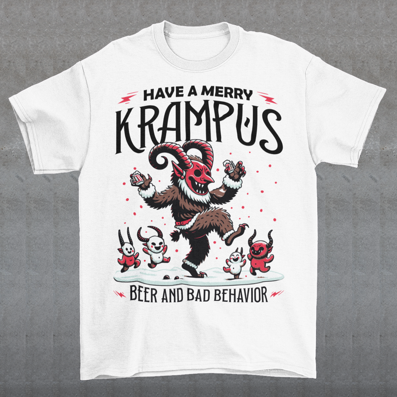The T-shirt design features Krampus in a festive yet mischievous scene, decked out in holiday cheer. Krampus, the legendary Christmas creature, is depicted dancing with a mischievous grin, holding a beer and surrounded by a few playful imps. Above the scene, bold black lettering reads, "HAVE A MERRY KRAMPUS," with a mix of gothic and playful fonts, giving it a fun yet eerie holiday vibe.