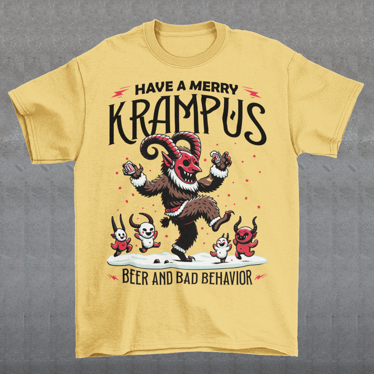 The T-shirt design features Krampus in a festive yet mischievous scene, decked out in holiday cheer. Krampus, the legendary Christmas creature, is depicted dancing with a mischievous grin, holding a beer and surrounded by a few playful imps. Above the scene, bold black lettering reads, "HAVE A MERRY KRAMPUS," with a mix of gothic and playful fonts, giving it a fun yet eerie holiday vibe.
