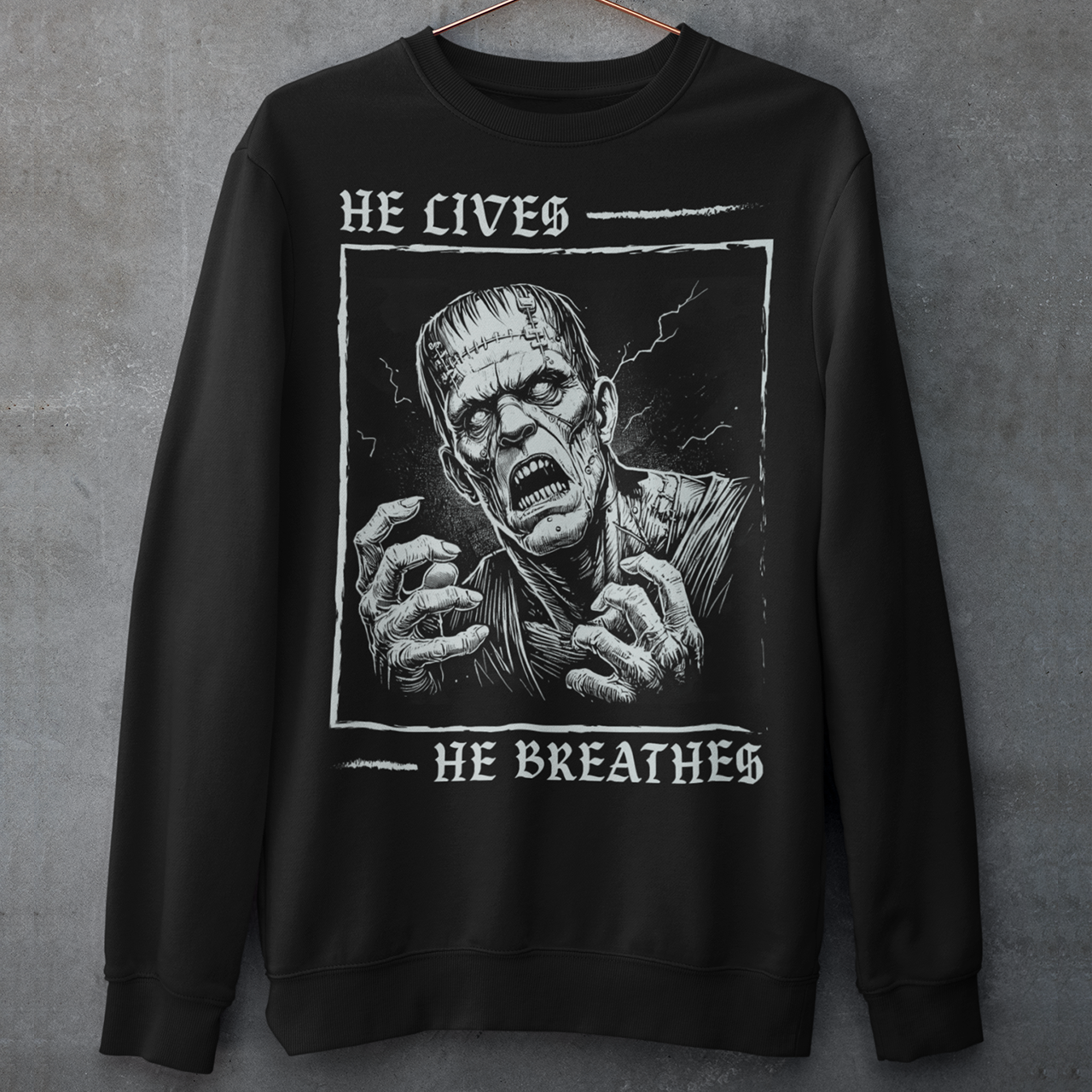 Unleash the power of classic horror with this bold Frankenstein Sweatshirt! Featuring a striking, high-contrast illustration of Frankenstein’s monster, the design captures the iconic creature in vivid detail, with piercing eyes and a dramatic aura of life and electricity. Wear it to make a statement, celebrate the macabre, or just show off your love for the timeless tale of Frankenstein’s monster.