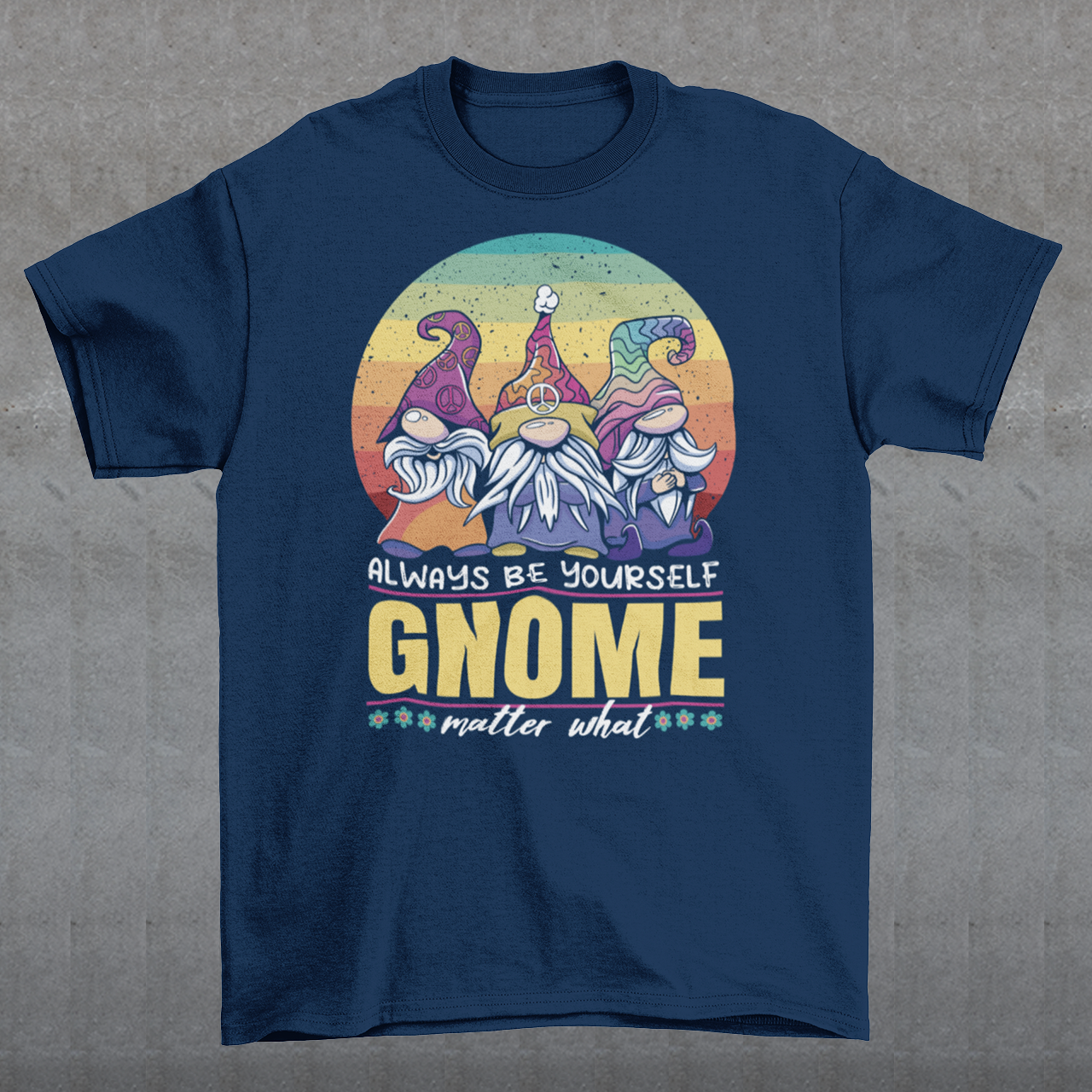 Embrace the spirit of individuality and positivity with our vibrant and enchanting t-shirt design. Picture three whimsical hippie gnomes, each radiating a unique charm that captures the essence of self-expression and harmony. Set against a backdrop of a retro rainbow sun, the scene exudes a nostalgic aura, reminding us of a bygone era when peace, love, and unity were celebrated. The gnomes, adorned in colorful tie-dye attire, perfectly embody the carefree and free nature the hippie movement.