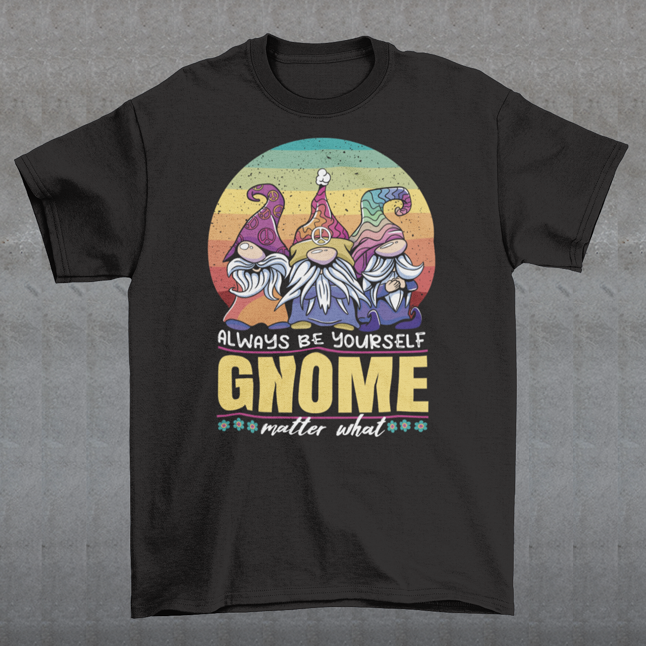 Embrace the spirit of individuality and positivity with our vibrant and enchanting t-shirt design. Picture three whimsical hippie gnomes, each radiating a unique charm that captures the essence of self-expression and harmony. Set against a backdrop of a retro rainbow sun, the scene exudes a nostalgic aura, reminding us of a bygone era when peace, love, and unity were celebrated. The gnomes, adorned in colorful tie-dye attire, perfectly embody the carefree and free nature the hippie movement.