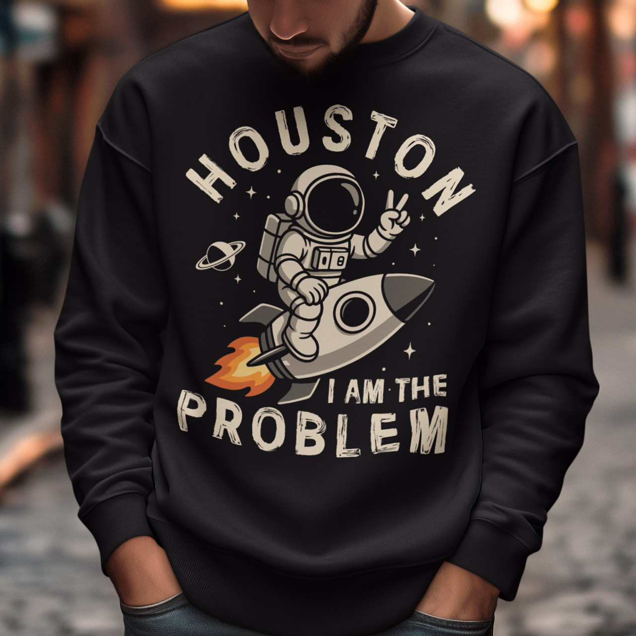 Make a statement that’s out of this world. This bold graphic sweatshirt features a fearless astronaut riding a rocket through space, throwing up a peace sign with cosmic confidence. Surrounding the design is the rebellious text: “HOUSTON I AM THE PROBLEM” — a playful twist on the classic space phrase. Perfect for space enthusiasts, rebels at heart, or anyone who loves a little cosmic humor.