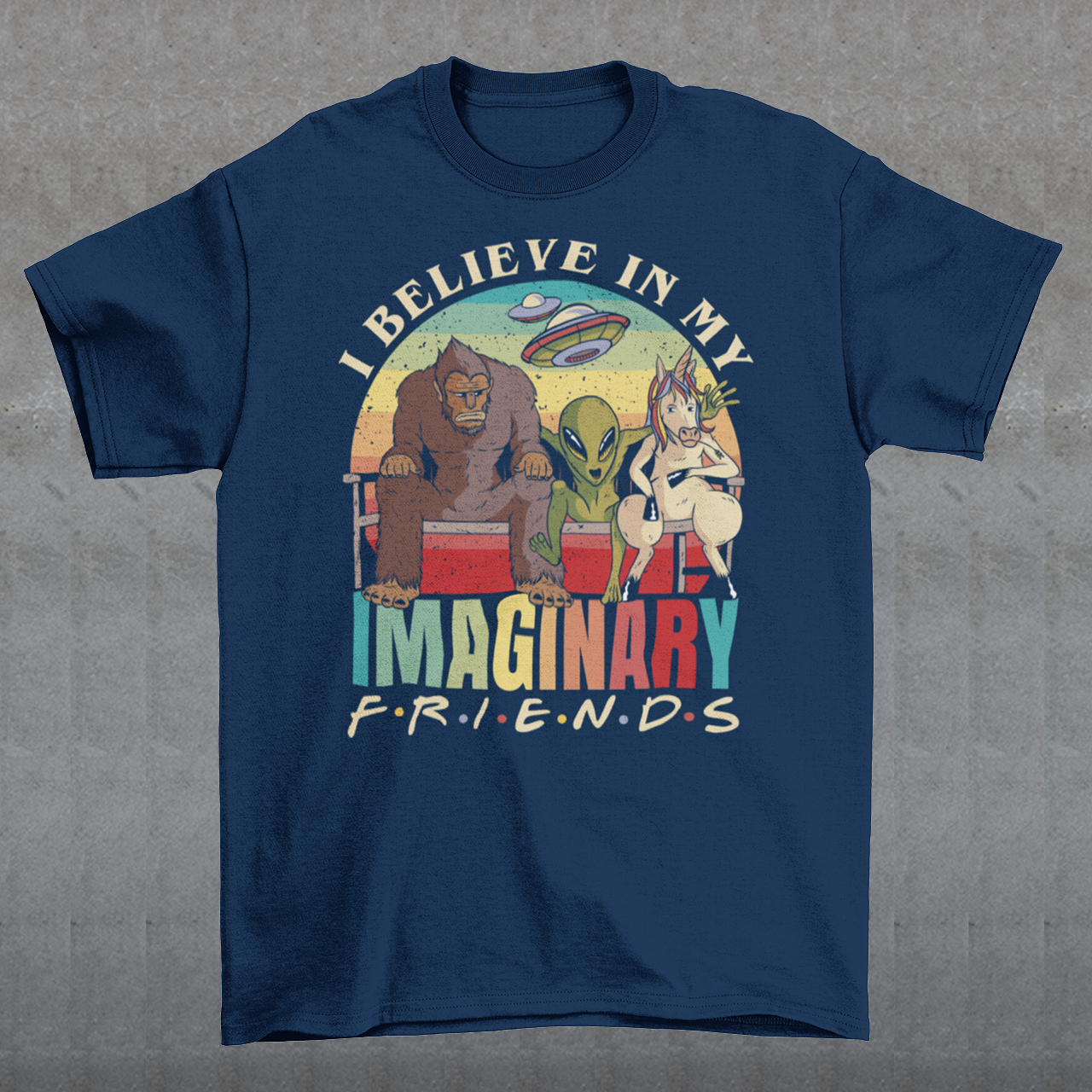 In the heart of this enchanting design, you'll find Bigfoot, the elusive creature of the woods, seated comfortably on a bench, embodying the essence of mystery and adventure. Right beside Bigfoot, an extraterrestrial visitor, with its classic big eyes and otherworldly charm, adds a touch of cosmic wonder to the scene. Completing this whimsical gathering is a majestic unicorn, its mane flowing gracefully, symbolizing purity and the magic of dreams.