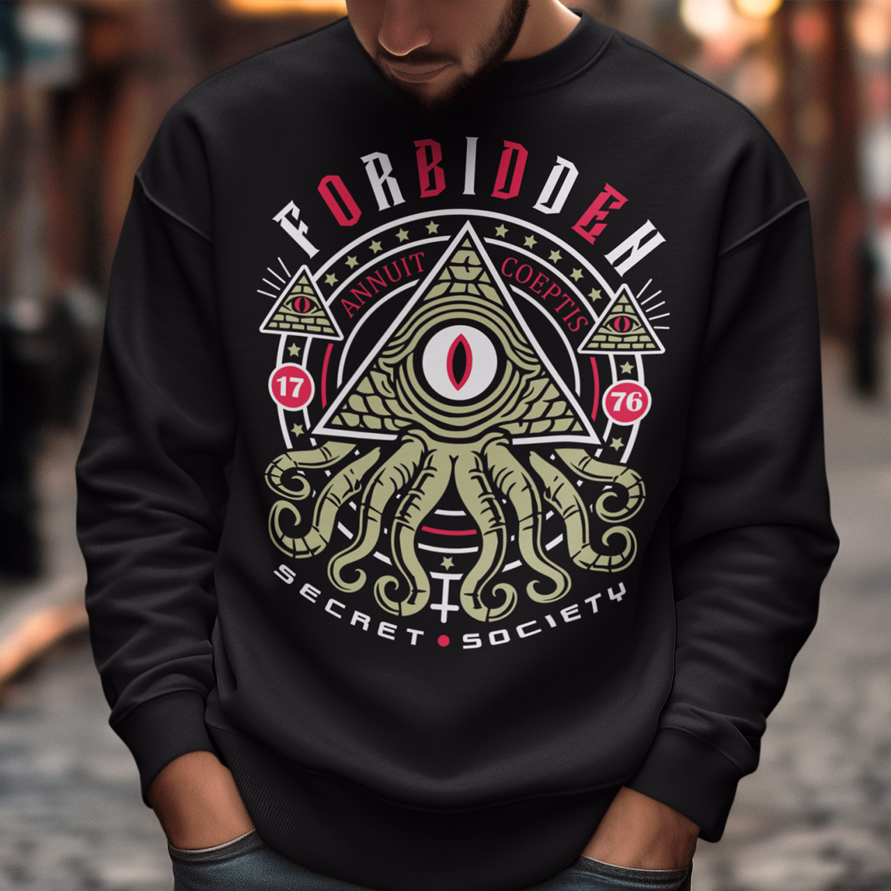 Uncover the hidden truths with this striking Forbidden Secret Society sweatshirt. Featuring a mesmerizing graphic of reptilian tentacles slithering from an all-seeing eye pyramid, this design channels the dark mystique of the Illuminati and ancient conspiracies. Bold text wraps around the image, whispering secrets the world was never meant to know. Perfect for truth seekers, conspiracy enthusiasts, or anyone who thrives in the shadows of the unknown.