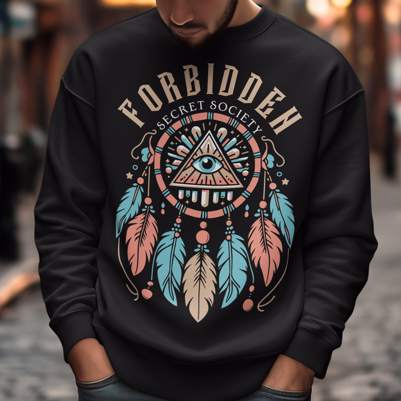"Step into the enigmatic world of clandestine knowledge with our Illuminati Dreamcatcher sweatshirt. Featuring an intricate design that merges the mystique of the Illuminati symbol with the cultural heritage of dreamcatchers, this tee is a fusion of intrigue and symbolism. The central eye, a hallmark of Illuminati iconography, peers out from the heart of the dreamcatcher, symbolizing the pursuit of hidden truths and enlightenment.