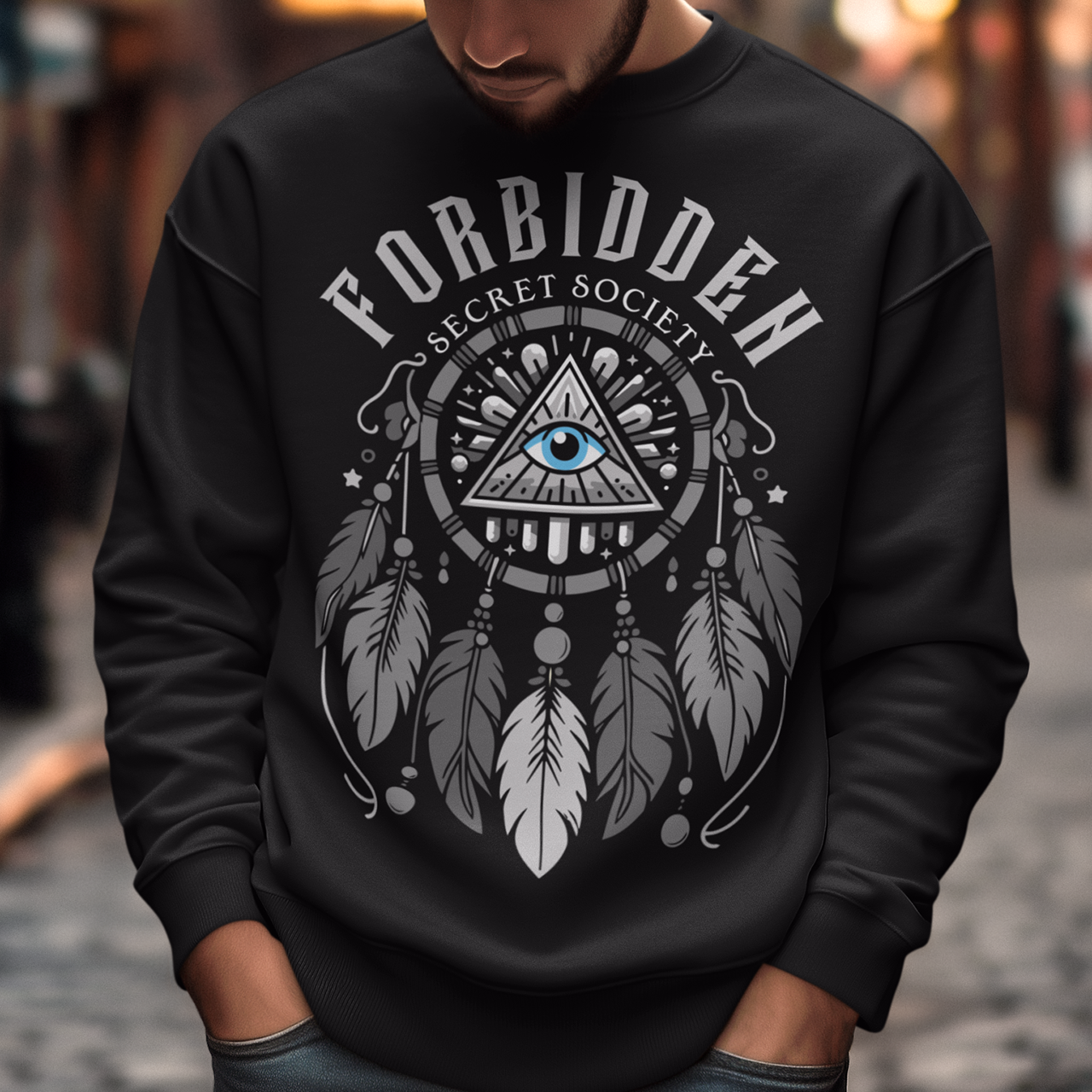 "Step into the enigmatic world of clandestine knowledge with our Illuminati Dreamcatcher sweatshirt. Featuring an intricate design that merges the mystique of the Illuminati symbol with the cultural heritage of dreamcatchers, this tee is a fusion of intrigue and symbolism. The central eye, a hallmark of Illuminati iconography, peers out from the heart of the dreamcatcher, symbolizing the pursuit of hidden truths and enlightenment.