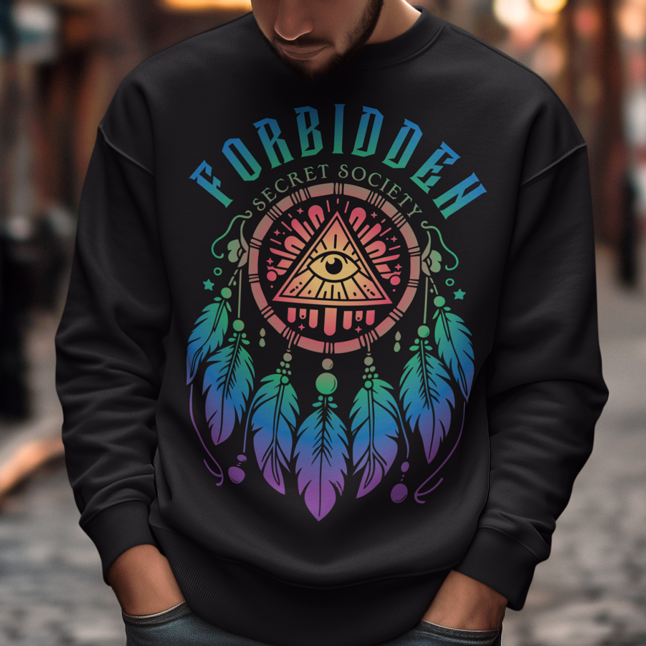 "Step into the enigmatic world of clandestine knowledge with our Illuminati Dreamcatcher sweatshirt. Featuring an intricate design that merges the mystique of the Illuminati symbol with the cultural heritage of dreamcatchers, this tee is a fusion of intrigue and symbolism. The central eye, a hallmark of Illuminati iconography, peers out from the heart of the dreamcatcher, symbolizing the pursuit of hidden truths and enlightenment.