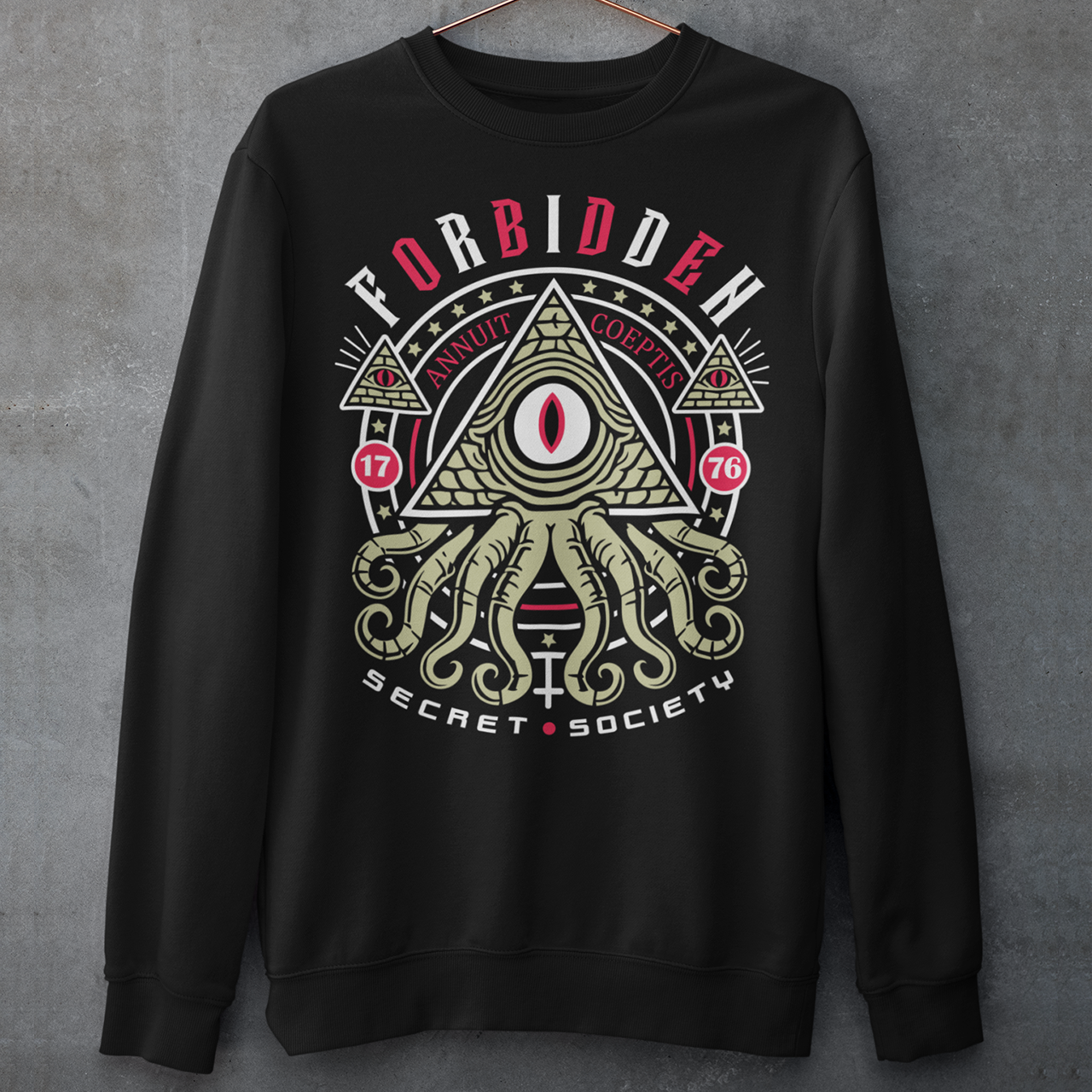 Uncover the hidden truths with this striking Forbidden Secret Society sweatshirt. Featuring a mesmerizing graphic of reptilian tentacles slithering from an all-seeing eye pyramid, this design channels the dark mystique of the Illuminati and ancient conspiracies. Bold text wraps around the image, whispering secrets the world was never meant to know. Perfect for truth seekers, conspiracy enthusiasts, or anyone who thrives in the shadows of the unknown.