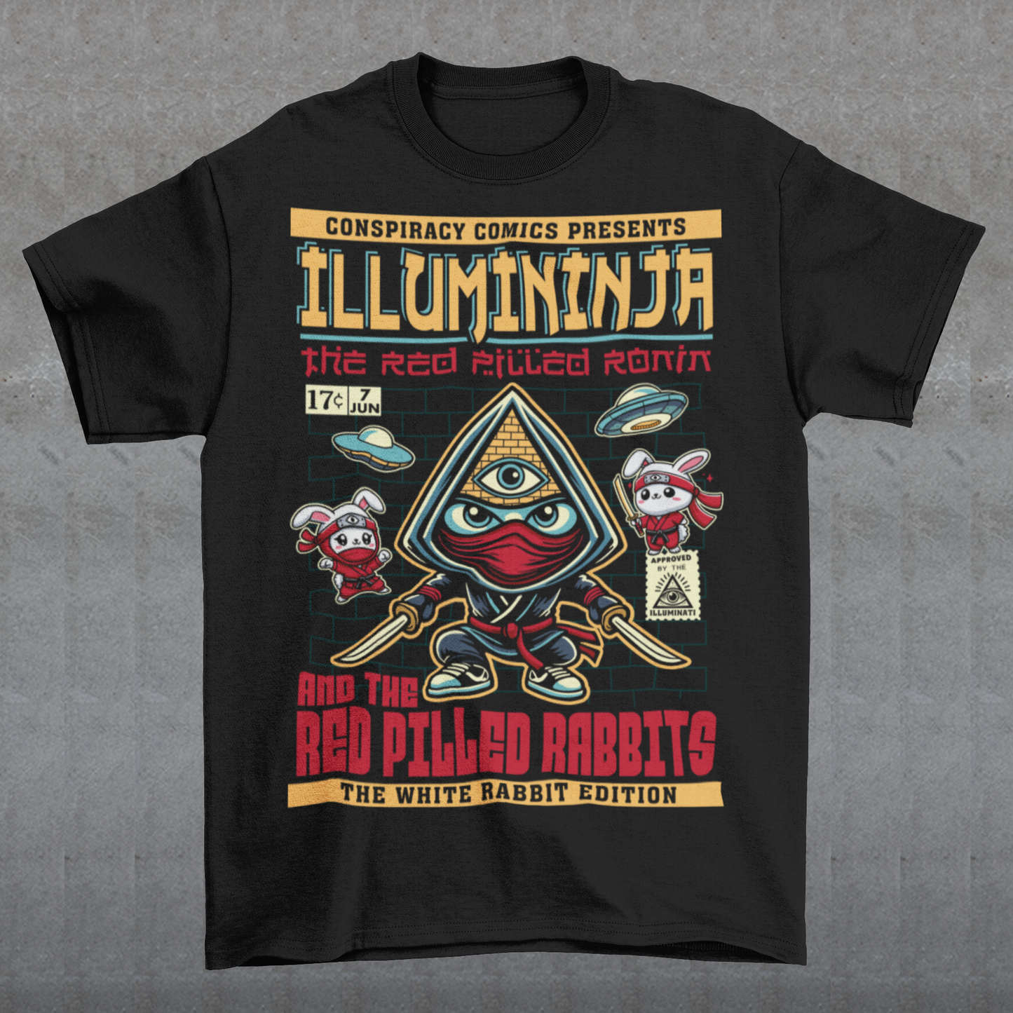 Unleash the shadows with this comic book-style "Illumininja & The Red-Pilled Rabbits" graphic tee! Featuring a mysterious Illuminati-inspired ninja, cloaked in darkness with an all-seeing eye symbol, this design blends secrecy and martial arts mastery. Flanking him are two rebellious ninja rabbits, each armed and ready, symbolizing truth-seekers who have broken free from the illusion.