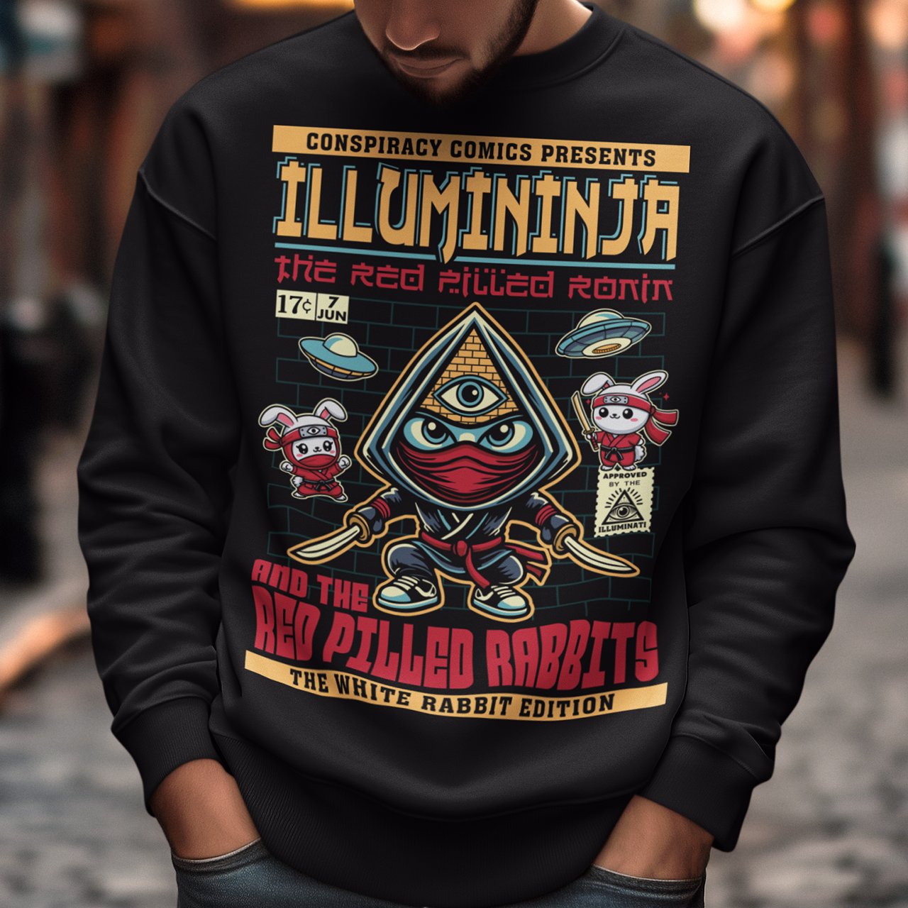 Unleash the shadows with this comic book-style "Illumininja and The Red-Pilled Rabbits" graphic sweatshirt! Featuring a mysterious Illuminati-inspired ninja, cloaked in darkness with an all-seeing eye symbol, this design blends secrecy and martial arts mastery. Flanking him are two rebellious ninja rabbits, each armed and ready, symbolizing truth-seekers who have broken free from the illusion.