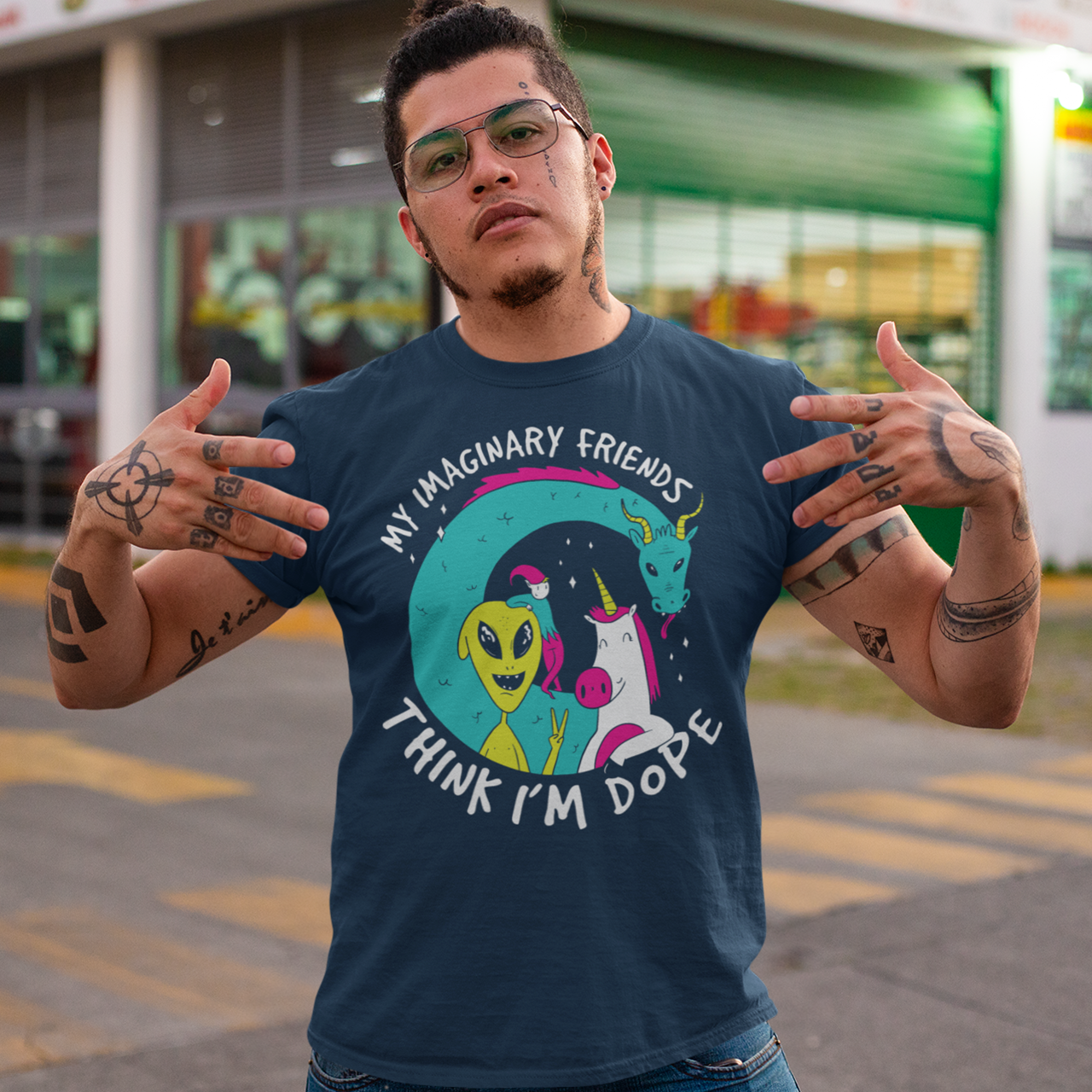 Introducing the ultimate t-shirt for those who believe in the magical and fantastical - our dope design featuring the Loch Ness Monster, An Alien, A Unicorn, and Elf! With vibrant colors and intricate detailing, this t-shirt showcases your favorite mythical creatures in all their glory. But that's not all - this t-shirt also features the text "My imaginary friends think I'm dope", a playful nod to the idea that those who embrace their imagination and sense of wonder are truly special.