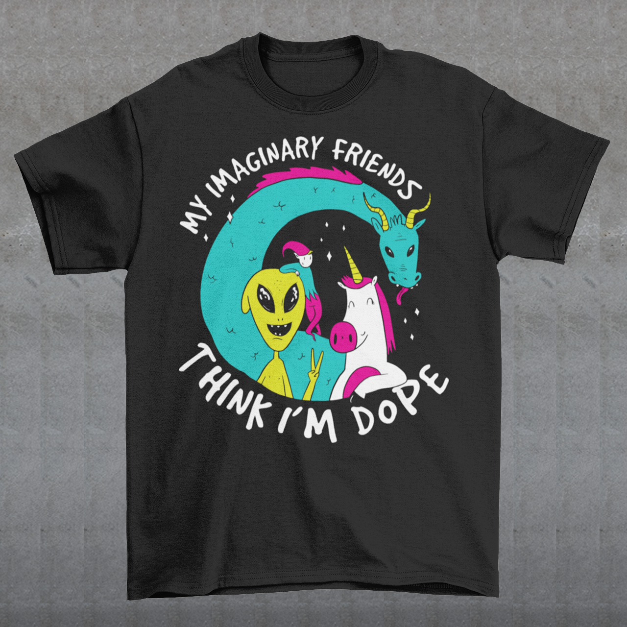 Introducing the ultimate t-shirt for those who believe in the magical and fantastical - our dope design featuring the Loch Ness Monster, An Alien, A Unicorn, and Elf! With vibrant colors and intricate detailing, this t-shirt showcases your favorite mythical creatures in all their glory. But that's not all - this t-shirt also features the text "My imaginary friends think I'm dope", a playful nod to the idea that those who embrace their imagination and sense of wonder are truly special.