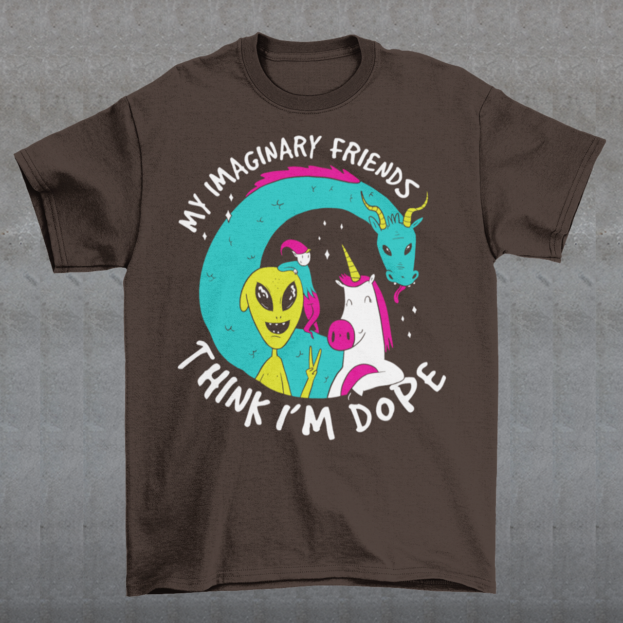 Introducing the ultimate t-shirt for those who believe in the magical and fantastical - our dope design featuring the Loch Ness Monster, An Alien, A Unicorn, and Elf! With vibrant colors and intricate detailing, this t-shirt showcases your favorite mythical creatures in all their glory. But that's not all - this t-shirt also features the text "My imaginary friends think I'm dope", a playful nod to the idea that those who embrace their imagination and sense of wonder are truly special.