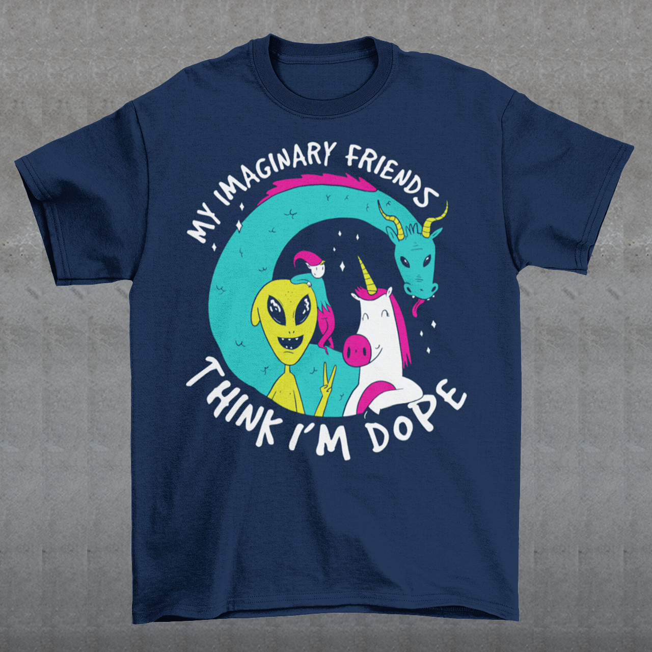 Introducing the ultimate t-shirt for those who believe in the magical and fantastical - our dope design featuring the Loch Ness Monster, An Alien, A Unicorn, and Elf! With vibrant colors and intricate detailing, this t-shirt showcases your favorite mythical creatures in all their glory. But that's not all - this t-shirt also features the text "My imaginary friends think I'm dope", a playful nod to the idea that those who embrace their imagination and sense of wonder are truly special.