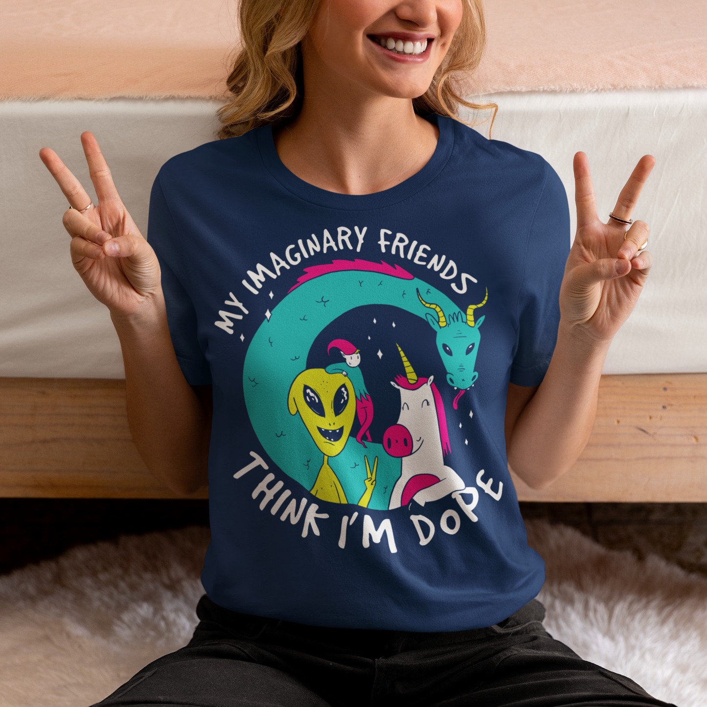 Introducing the ultimate t-shirt for those who believe in the magical and fantastical - our dope design featuring the Loch Ness Monster, An Alien, A Unicorn, and Elf! With vibrant colors and intricate detailing, this t-shirt showcases your favorite mythical creatures in all their glory. But that's not all - this t-shirt also features the text "My imaginary friends think I'm dope", a playful nod to the idea that those who embrace their imagination and sense of wonder are truly special.