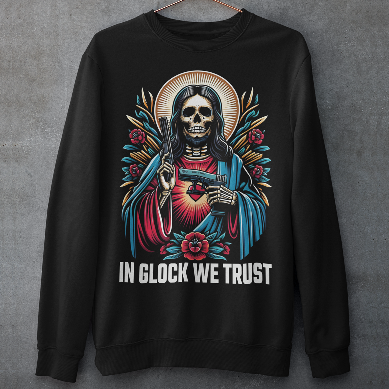 Unveil your bold style with our audacious "Skeleton Jesus - In Glock We Trust" sweatshirt. This striking design features a skeletal representation of Jesus, wielding two gleaming guns, embodying a powerful juxtaposition of traditional religious iconography and modern, edgy street art. The graphic is intricately detailed, with the skeletal Jesus standing confidently, the guns adding an intense, rebellious flair.