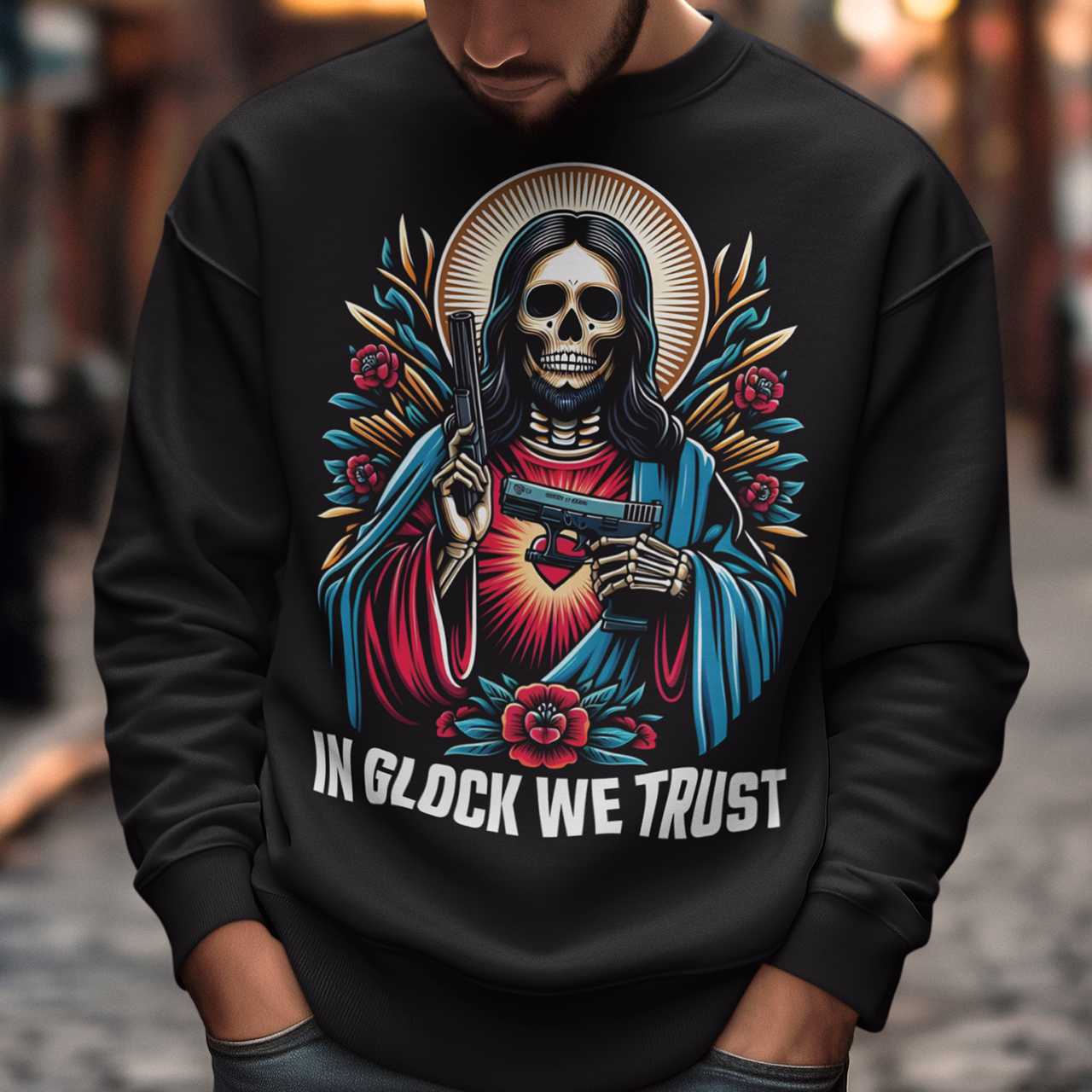 Unveil your bold style with our audacious "Skeleton Jesus - In Glock We Trust" sweatshirt. This striking design features a skeletal representation of Jesus, wielding two gleaming guns, embodying a powerful juxtaposition of traditional religious iconography and modern, edgy street art. The graphic is intricately detailed, with the skeletal Jesus standing confidently, the guns adding an intense, rebellious flair.
